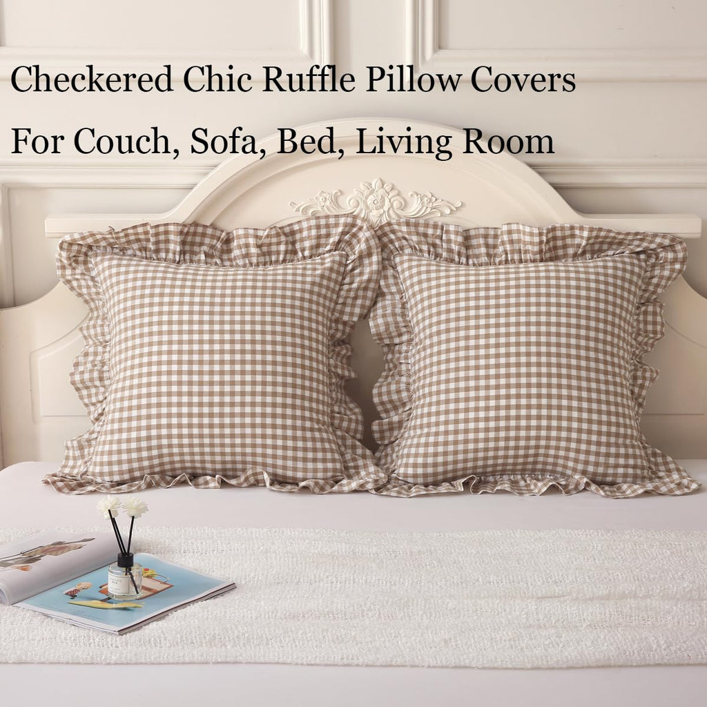Silnuo Green/White Plaid Ruffled Queen Size Pillow Shams Set of 2,Washed Cotton Shabby Checkered Gingham Farmhouse Bed Pillow Covers 20"x30"