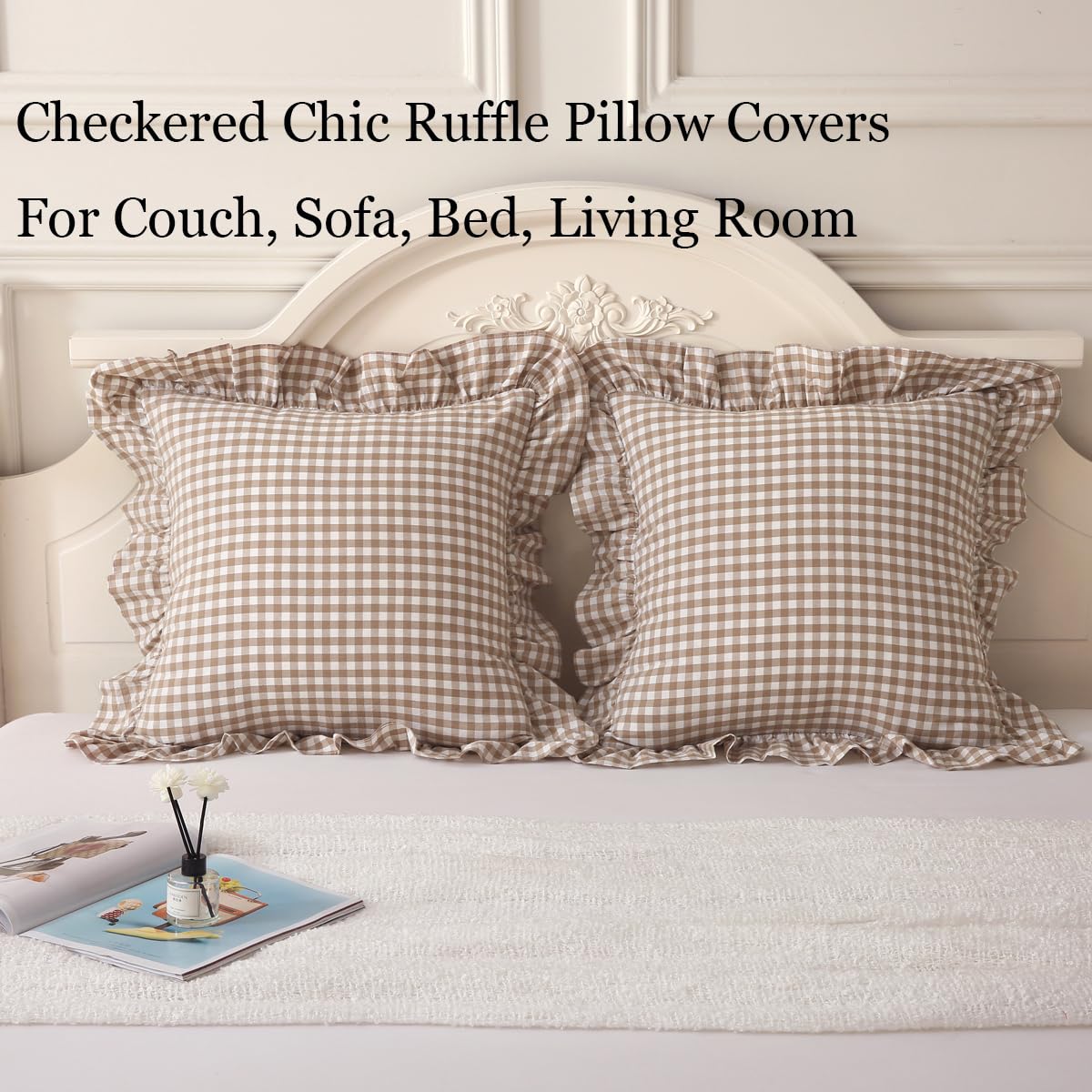 Silnuo Green/White Plaid Ruffled Queen Size Pillow Shams Set of 2,Washed Cotton Shabby Checkered Gingham Farmhouse Bed Pillow Covers 20"x30"