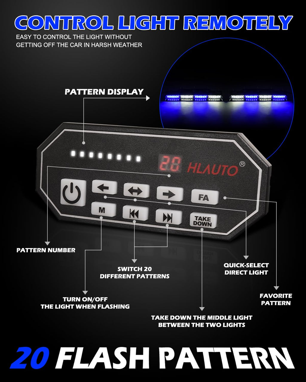 HLauto 604N Emergency Dash Strobe Lights: 2x16.8 inch Amber White Security Light w/Take Down, 48 LED Safety Flashing Warning Hazard Interior Windshield Light Bar for Truck Vehicle