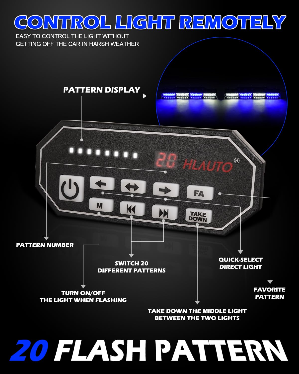 HLauto 604N Emergency Dash Strobe Lights: 2x16.8 inch Amber White Security Light w/Take Down, 48 LED Safety Flashing Warning Hazard Interior Windshield Light Bar for Truck Vehicle