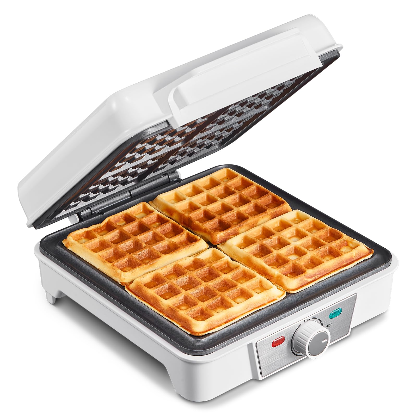 Belgian Waffle Maker 4 Slices, 1200W Waffle Iron, Anti-Overflow Waffle Iron with Browning Knob, Nonstick Plates, Indicator Lights, Silver/Black (Black, Silver)
