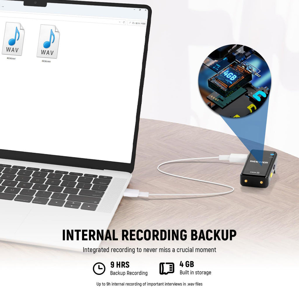 NEEWER CM28 Wireless Lavalier Microphone System, 1 Click Noise Canceling, 4GB Storage for 9Hrs of 48KHz 16 Bit Uncompressed Audio, Lapel Mic Compatible with iPhone/Android/PC/Camera/iPad