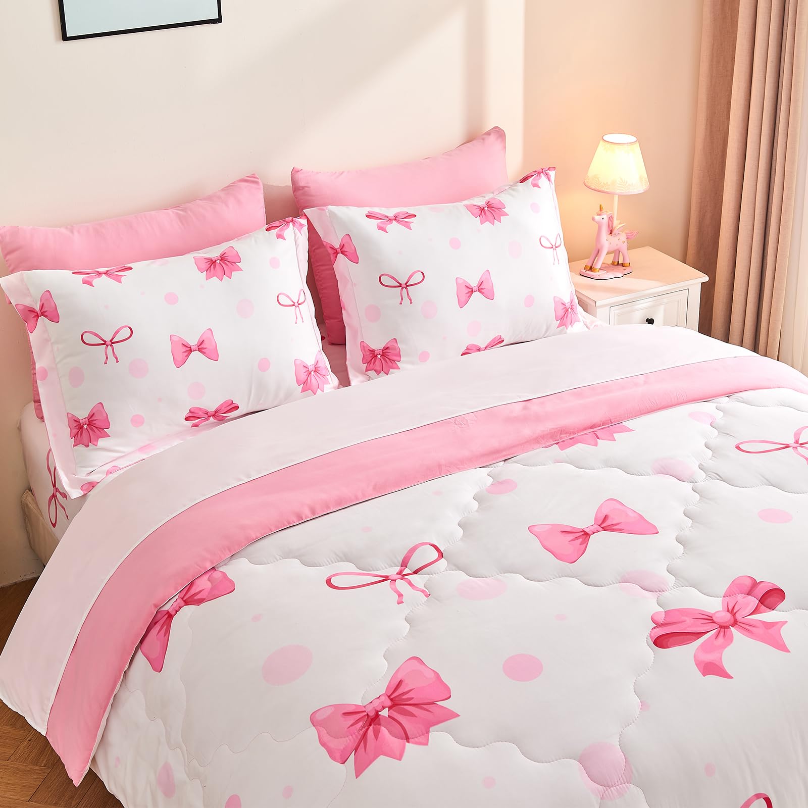 Wajade 7 Piece Blue Bow Comforter Set for Girls Kids Twin Size Bedding Set with Sheet and 2 Pillowcases 2 Pillow Shams Cute Girls Bed in a Bag as Birthday Choice