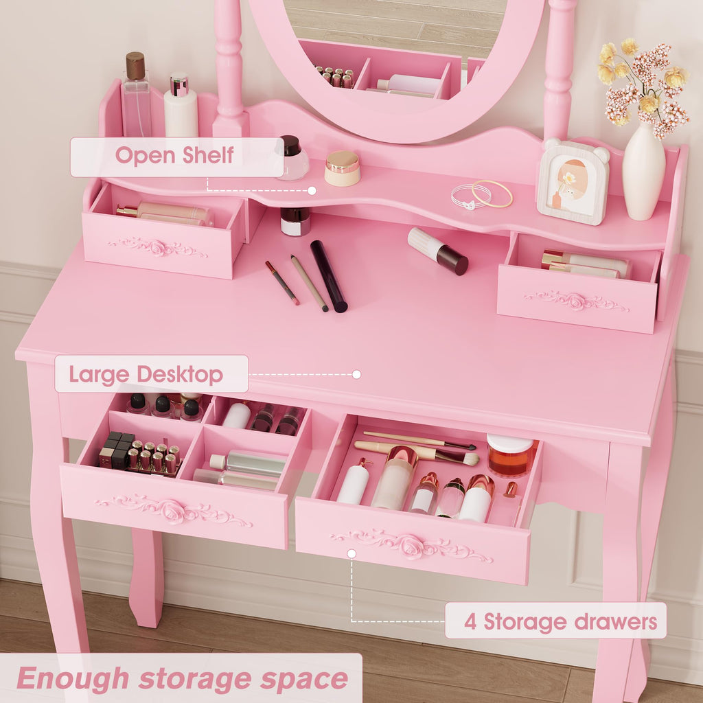 Alohappy Vanity Desk Set with Mirror & Stool for Girls, Makeup Vanity Table and Cushioned Stool Set with 4 Drawers, Wood Dressing Table for Bedroom (Pink)