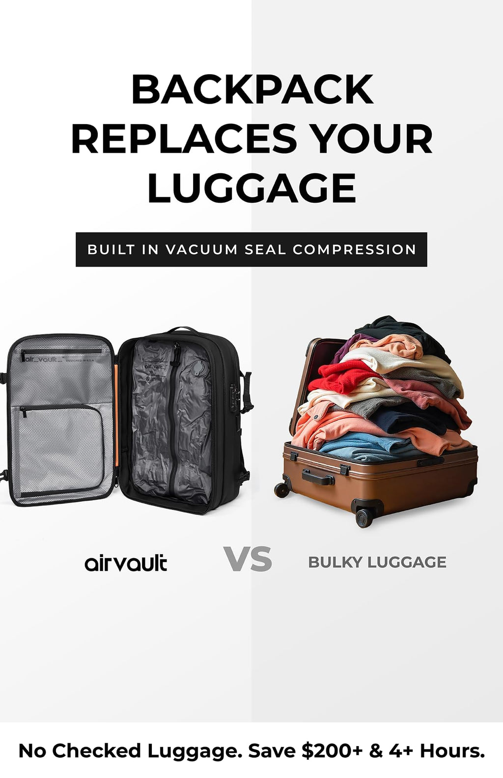 AirVault Vacuum Seal Travel Backpack 60L with Expandable HyperSeal Air Compression Vacuum System Water Resistant TSA Lock (Vacuum Pump Included, Black, 60L)