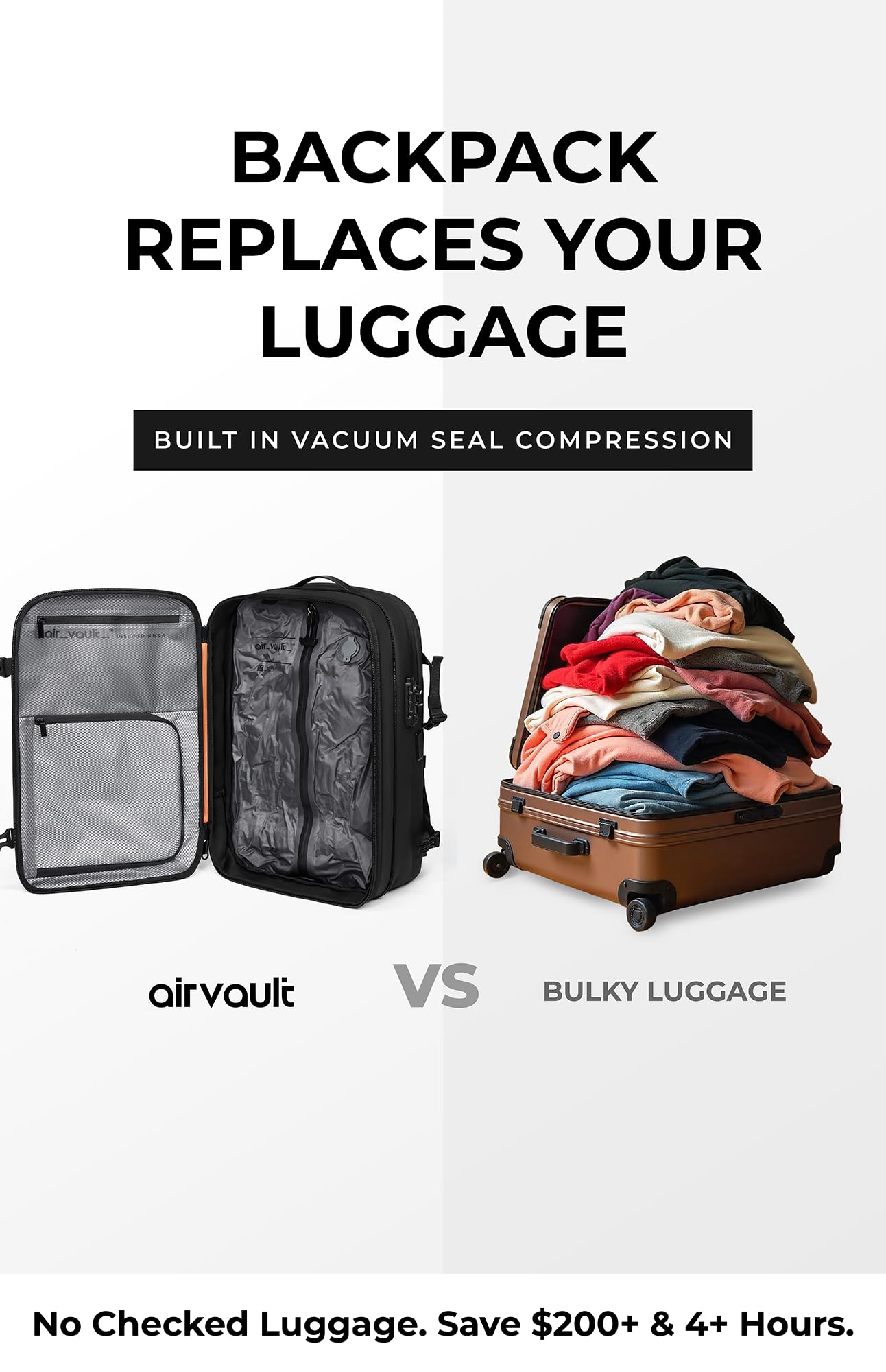 AirVault Vacuum Seal Travel Backpack 60L with Expandable HyperSeal Air Compression Vacuum System Water Resistant TSA Lock (Vacuum Pump Included, Black, 60L)