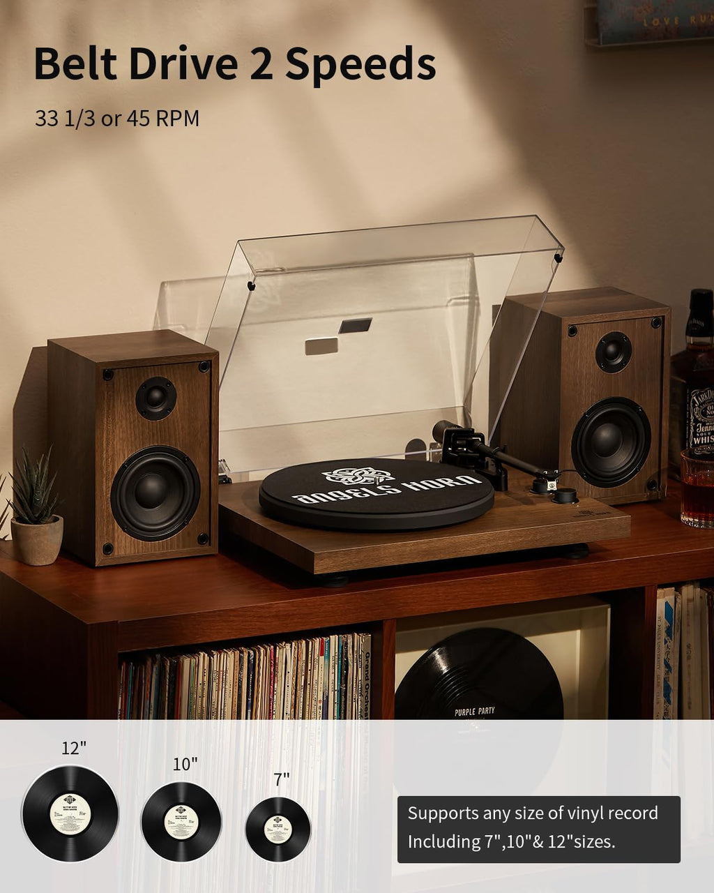 ANGELS HORN Bluetooth Turntable with Speakers, Vinyl Record Player System with AT-3600L, Built-in Phono Preamp, Belt Drive 2-Speed, Adjustable Counterweight, Pitch Control Hi-Fi Record Player System