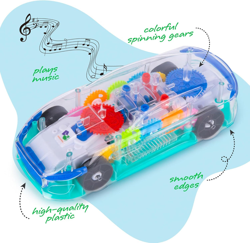 ArtCreativity Light Up Transparent Sensory Car Toy for Kids, 1PC, Bump and Go Toy Car with Colorful Moving Gears, Music, and LED Effects, Easter Toys for Toddlers, Great Birthday Gift Idea