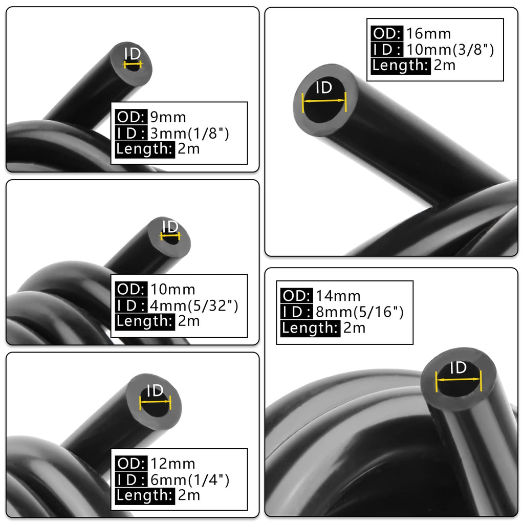 Shineyoo Silicone Vacuum Tubing Hose 6.6 FT, 1/8" 5/32" 1/4" 5/16" 3/8" ID High Performance 130PSI, Engine Automotive Vacuum Silicone Hose Line 5PCS