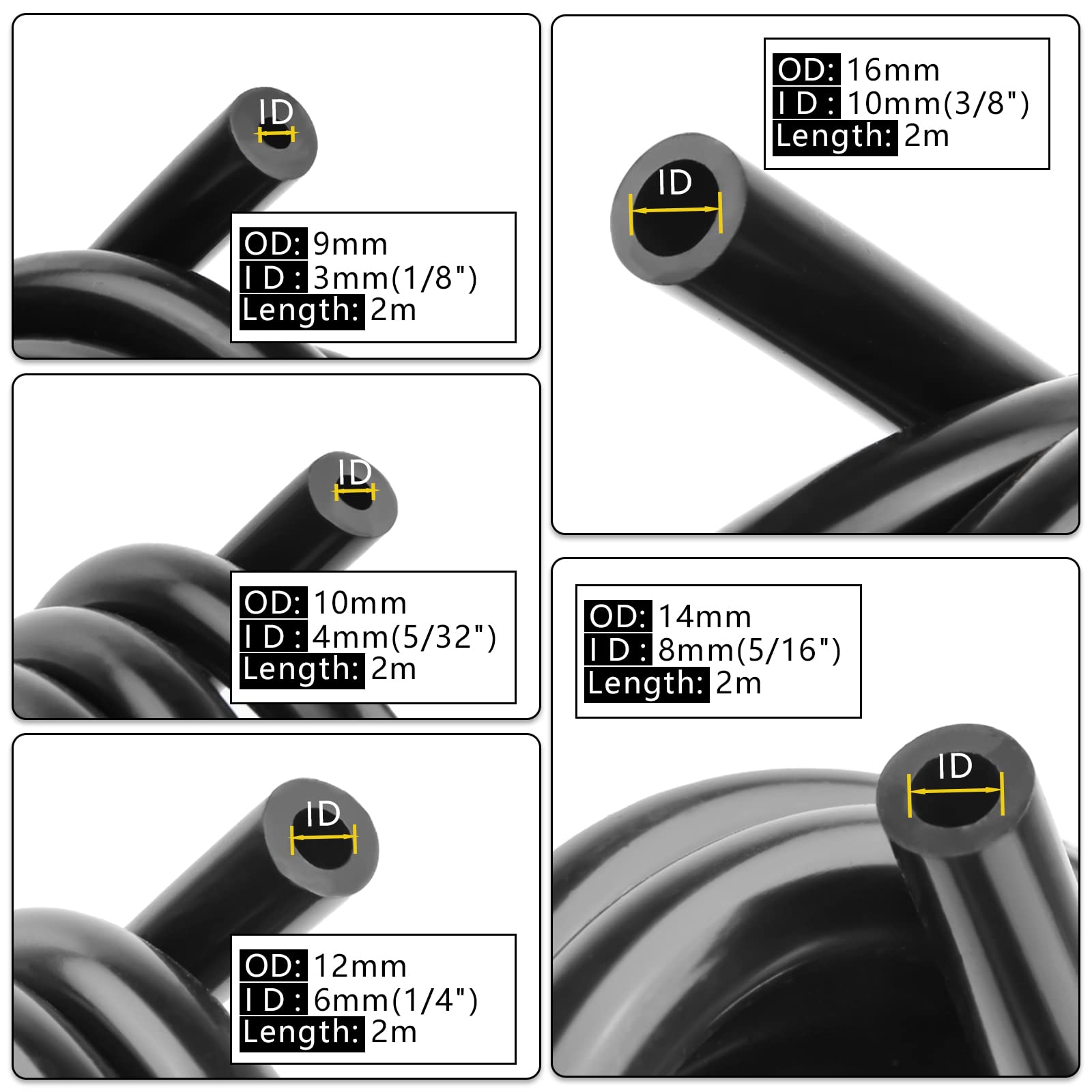 Shineyoo Silicone Vacuum Tubing Hose 6.6 FT, 1/8" 5/32" 1/4" 5/16" 3/8" ID High Performance 130PSI, Engine Automotive Vacuum Silicone Hose Line 5PCS