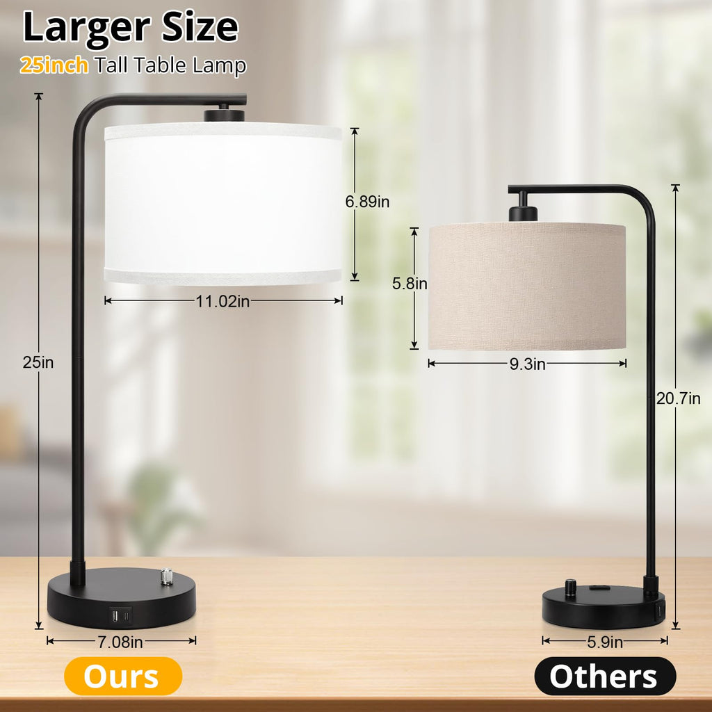 Table Lamps Set of 2, Fully Dimmable Bedside Lamp with USB C+A Charging Ports, Modern Nightstand Lamps with Linen Fabric Shades, Tall Desk Lamp for Bedroom, Living Room, Office, LED Bulb Included