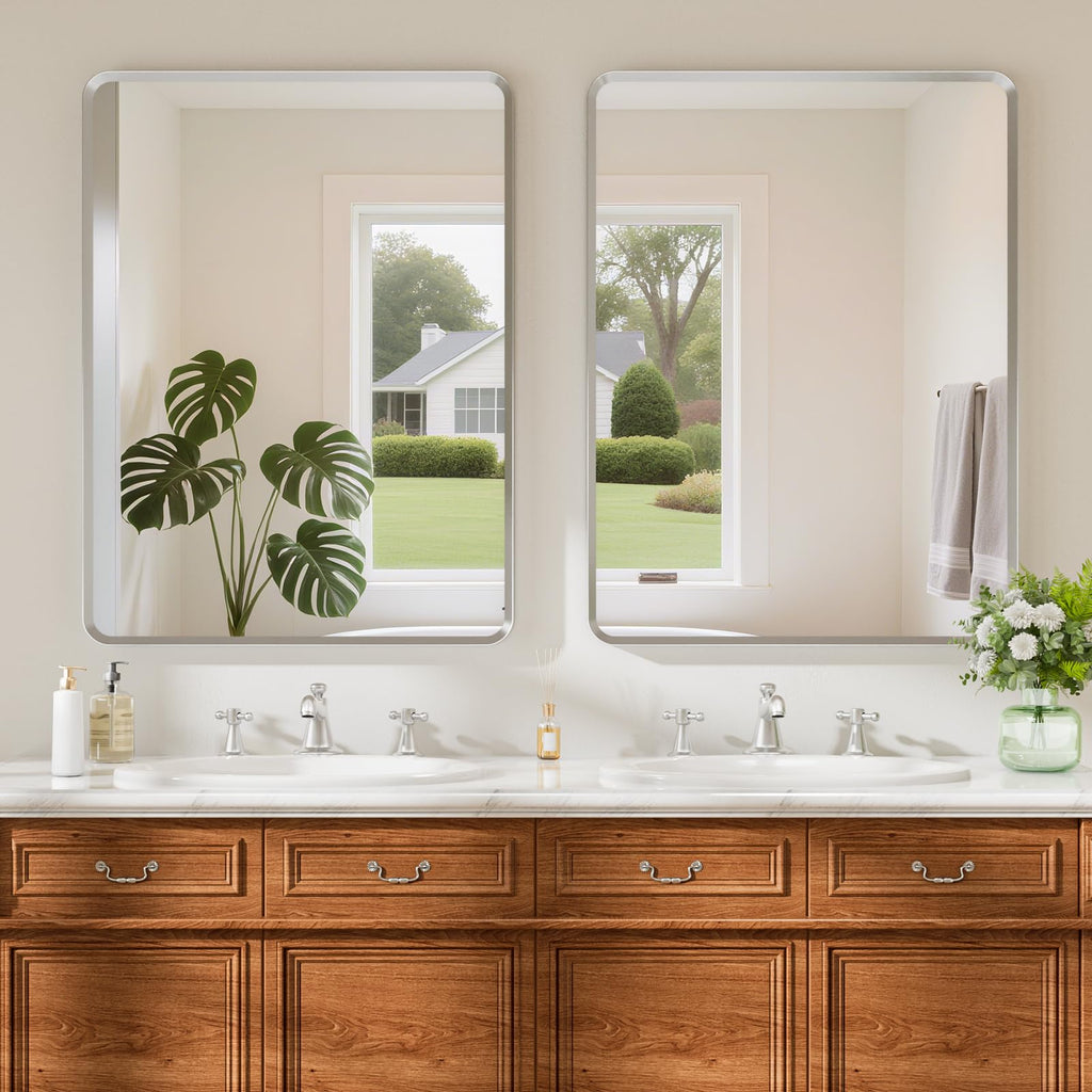 22x30 inch Gold Bathroom Mirror,Rounded Rectangle Gold Metal Framed, HD Tempered Glass, Horizontal or Vertical Hanging, Modern Bathroom Decor