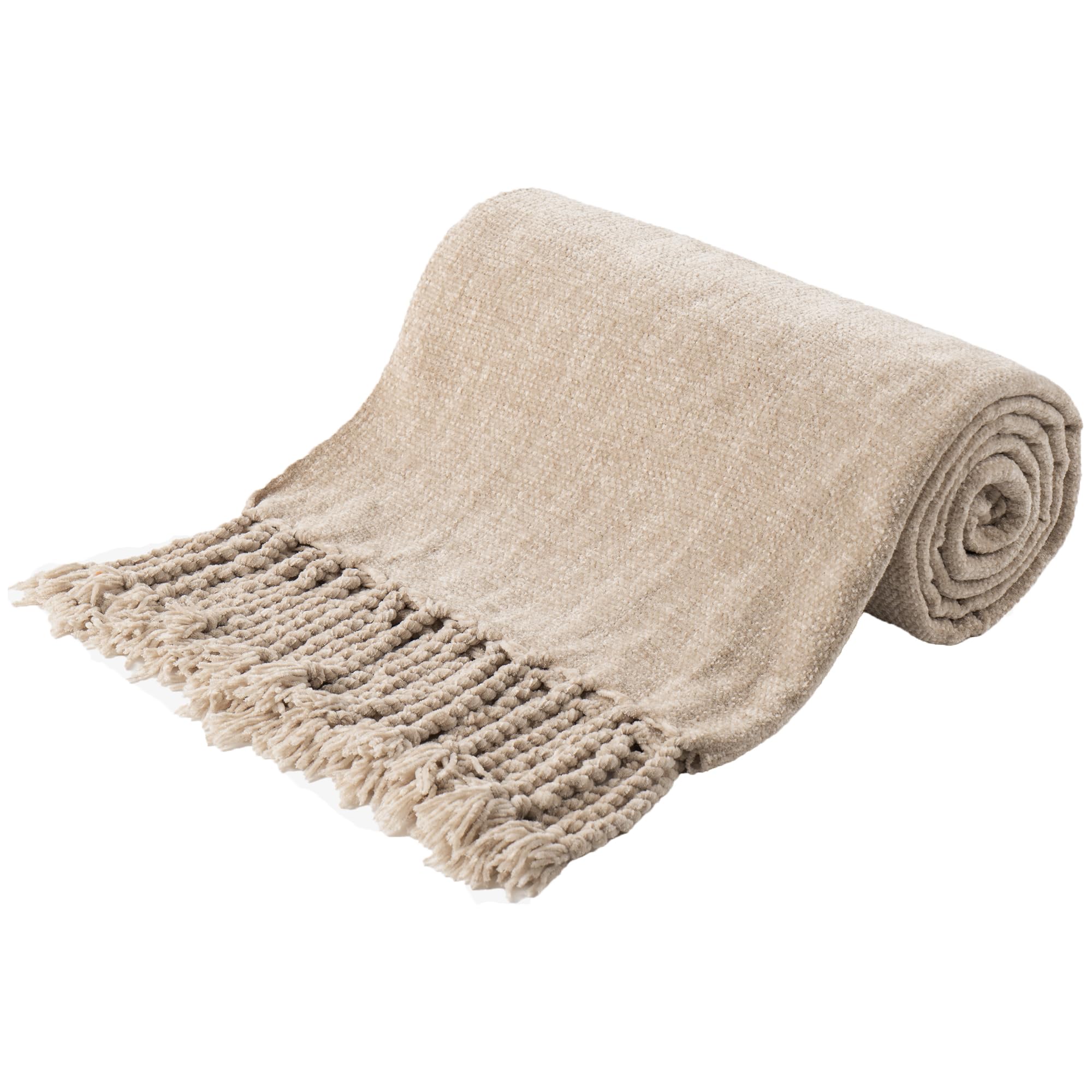BATTILO HOME Beige Chenille Throw Blanket for Couch, Soft Cozy Textured Knit Throw Blanket with Handmade Fringe Tassels, Lightweight Decorative Farmhouse Blanket for Sofa Bed Chair, 50"x60"