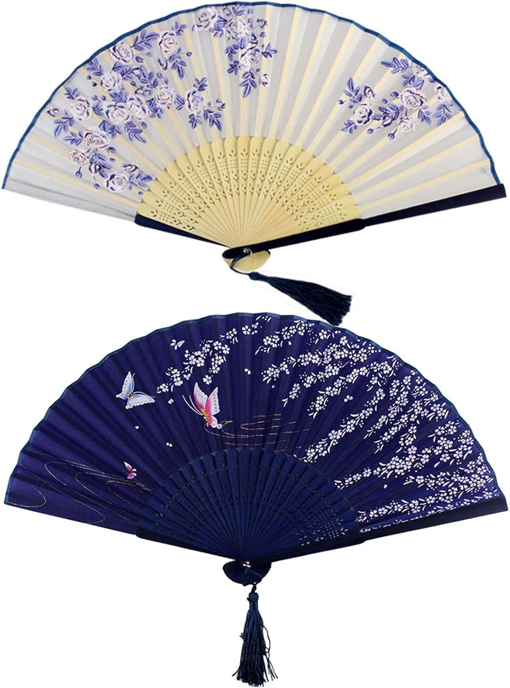 Bantoye 2 Pieces Handheld Fans, Silk Folding Fans with Bamboo Frames for Dancing Cosplay Wedding Party Props Decoration, White Blue