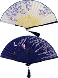 Bantoye 2 Pieces Handheld Fans, Silk Folding Fans with Bamboo Frames for Dancing Cosplay Wedding Party Props Decoration, White Blue