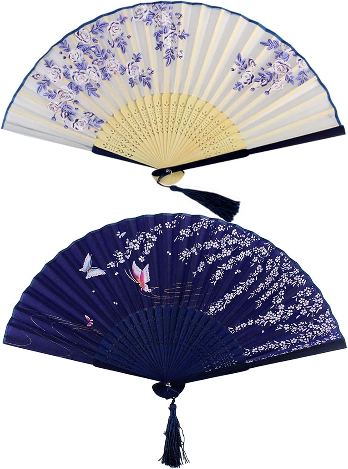 Bantoye 2 Pieces Handheld Fans, Silk Folding Fans with Bamboo Frames for Dancing Cosplay Wedding Party Props Decoration, White Blue