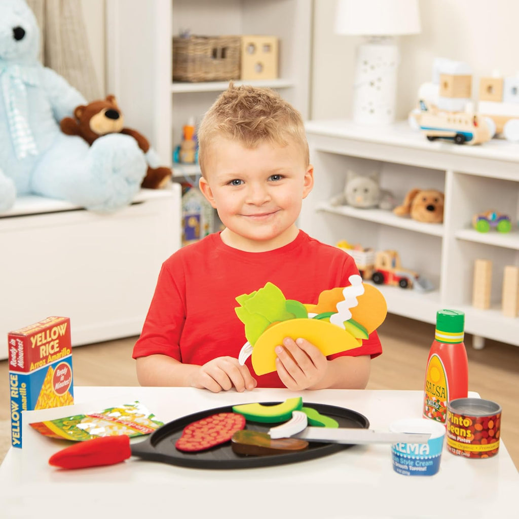 Melissa & Doug Fill & Fold Taco & Tortilla Set, 43 Pieces – Sliceable Wooden Mexican Play Food, Skillet, and More - FSC Certified
