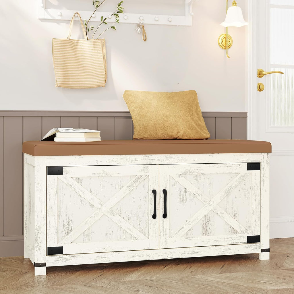 Hzuaneri Shoe Storage Bench, 2 Tier Shoe Bench with Padded Seat Cushion & 2 Barn Doors, Entryway Bench with Adjustable Shelf, Farmhouse Shoe Cabinet for Living Room, Bedroom, Antique White SB26214KA