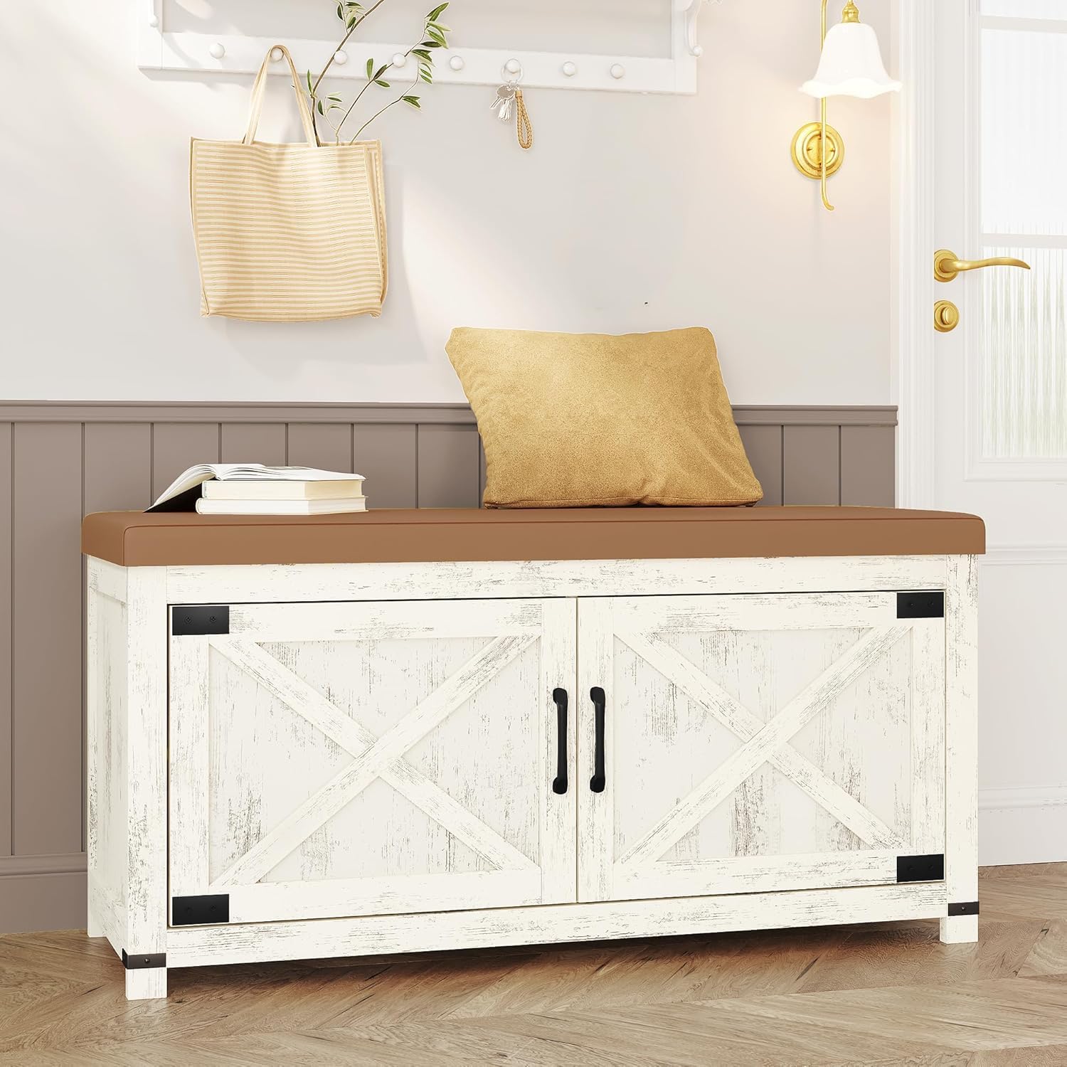 Hzuaneri Shoe Storage Bench, 2 Tier Shoe Bench with Padded Seat Cushion & 2 Barn Doors, Entryway Bench with Adjustable Shelf, Farmhouse Shoe Cabinet for Living Room, Bedroom, Antique White SB26214KA