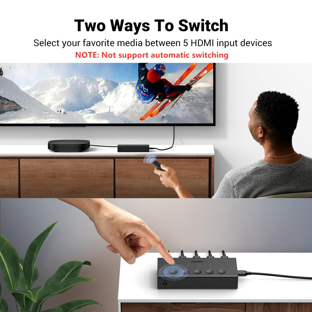 UGREEN HDMI Switch 5 in 1 Out 4K@60Hz, HDMI Splitter with Remote 5 Port Switcher Selector Box Support 3D CEC HDR HDCP2.2 Compatible with PS5/4/3 Xbox Nintendo Switch Roku TV Fire Stick Black