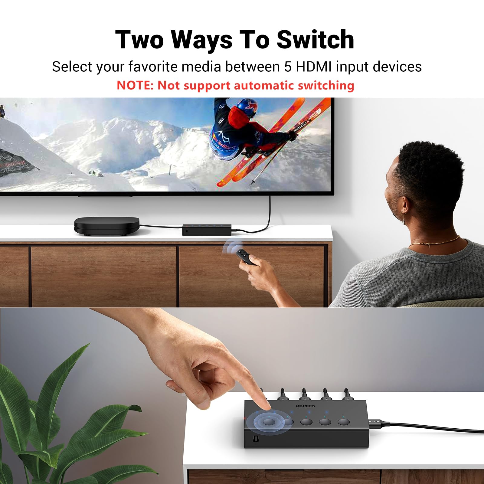 UGREEN HDMI Switch 5 in 1 Out 4K@60Hz, HDMI Splitter with Remote 5 Port Switcher Selector Box Support 3D CEC HDR HDCP2.2 Compatible with PS5/4/3 Xbox Nintendo Switch Roku TV Fire Stick Black