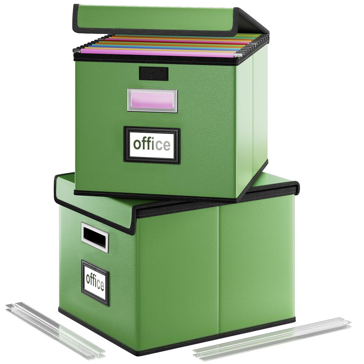 File Organizer Box with Lid, Collapsible Faux Leather Hanging File Folder Box Organizer with Plastic Slides, Decorative Home/Office Filing System Boxes for File and Folders Storage