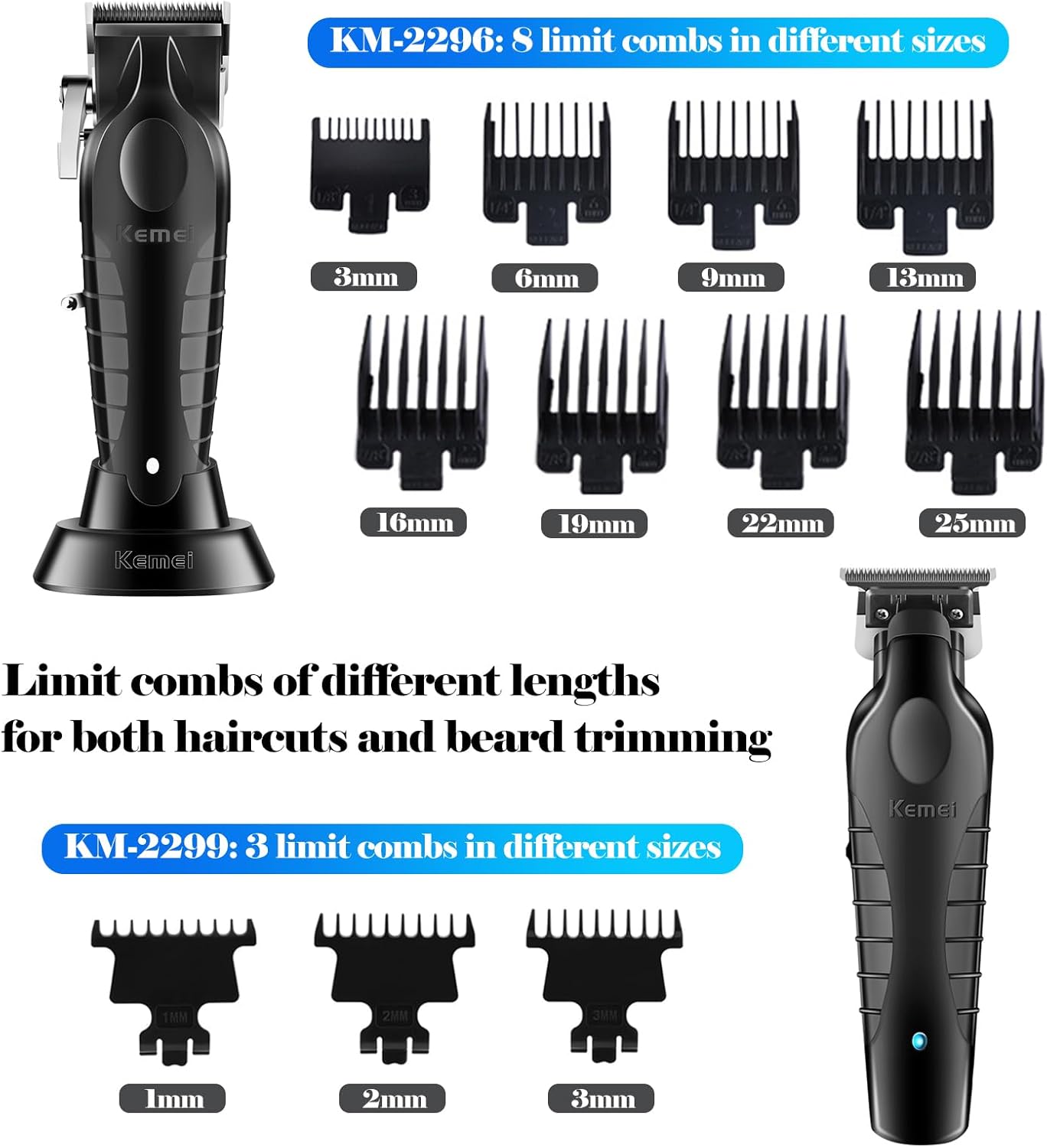 KEMEI Professional Hair Clipper, Hair Trimmer, Beard Shaver Set for Men, Electric Cordless Barber Clipper Beard Trimmer, Rechargeable Fade Clipper Haircutting Kit, KM-2299, KM-2296, KM-1102