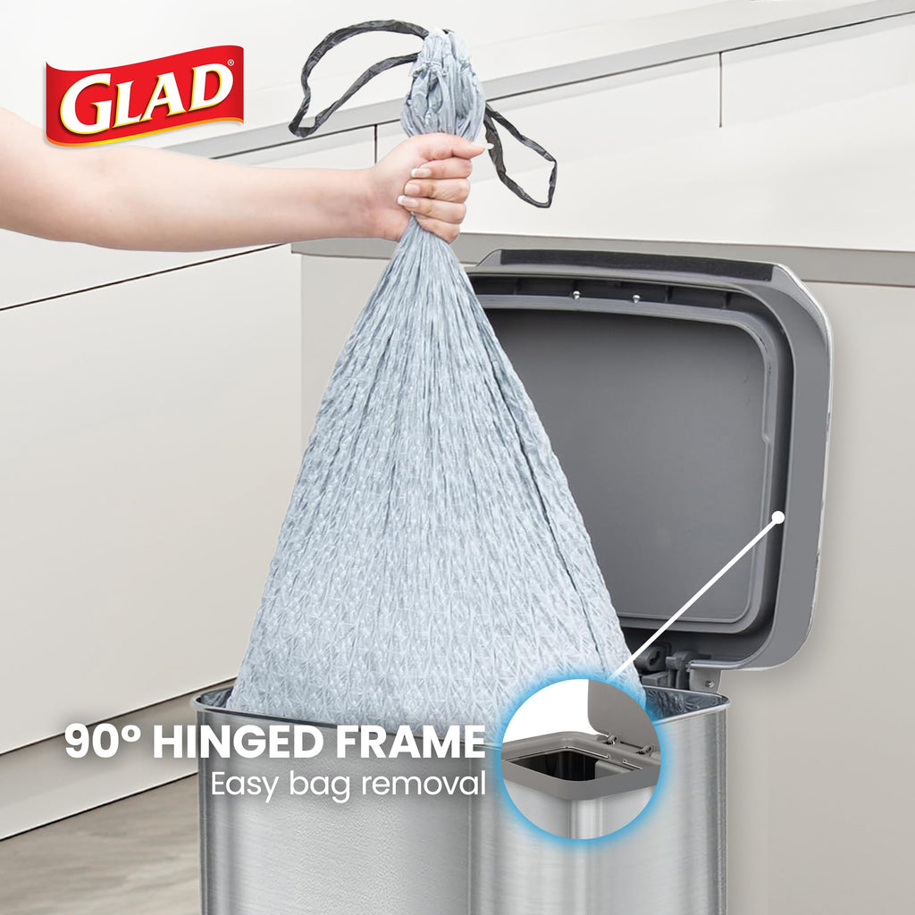 Glad 13 Gallon All Brushed Stainless Steel Trash Can with Clorox Odor Protection | Large Metal Kitchen Garbage Bin with Soft Close Lid, Garbage Bag Rings, Step On Foot Pedal and Waste Bag Roll Holder