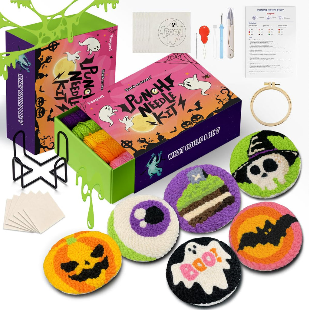 yuegool 6PCS Enchanted Oddities Punch Needle Coasters Kit – Easy DIY Embroidery Kit for Beginners, Adults & Kids | Includes Patterns, Tools, Yarns, Hoop, Instructions, Coaster Holder