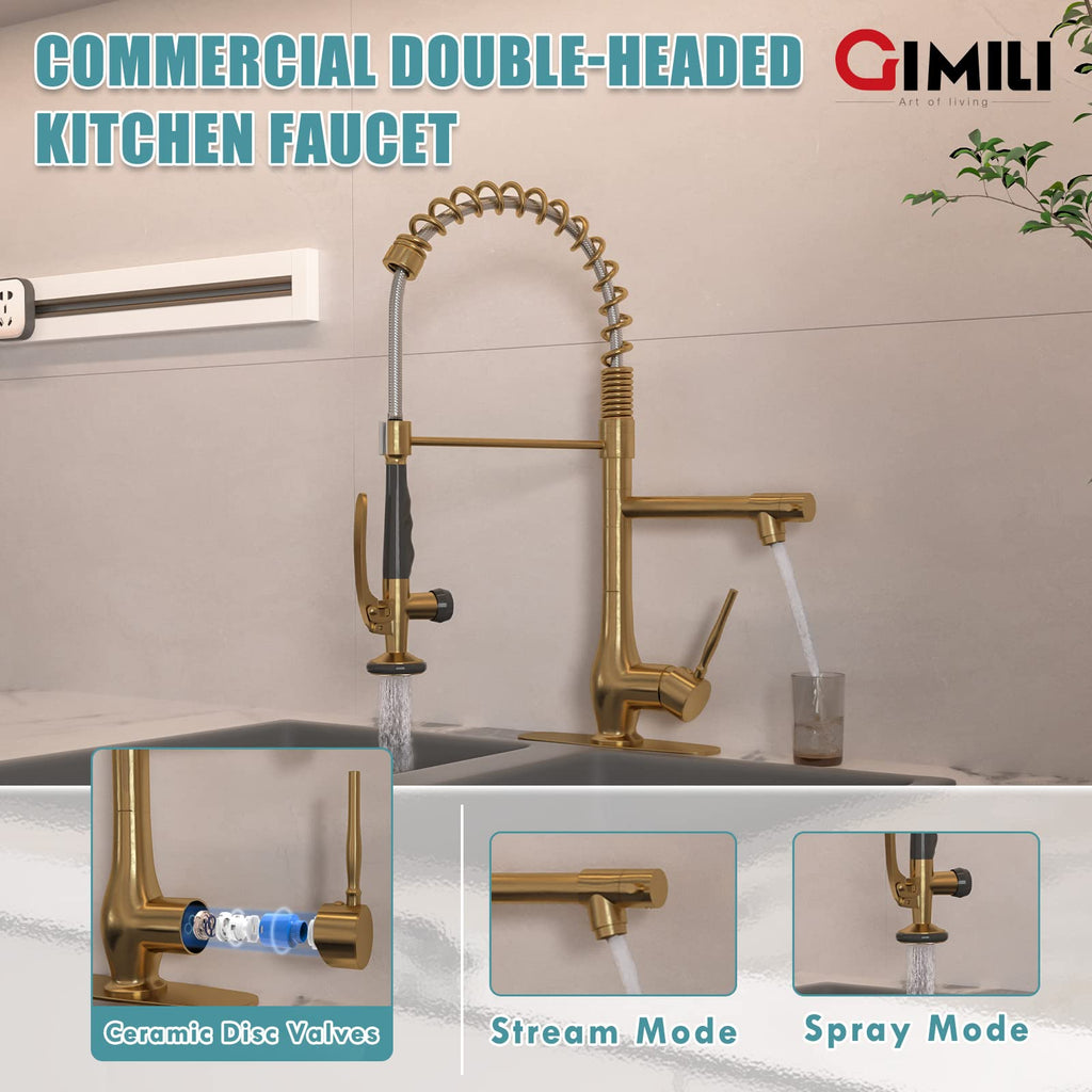 GIMILI Black and Gold Kitchen Faucet with Pull Down Sprayer Single Handle High Pressure Kitchen Sink Faucet Commercial Double-Headed Stainless Steel Kitchen Faucets