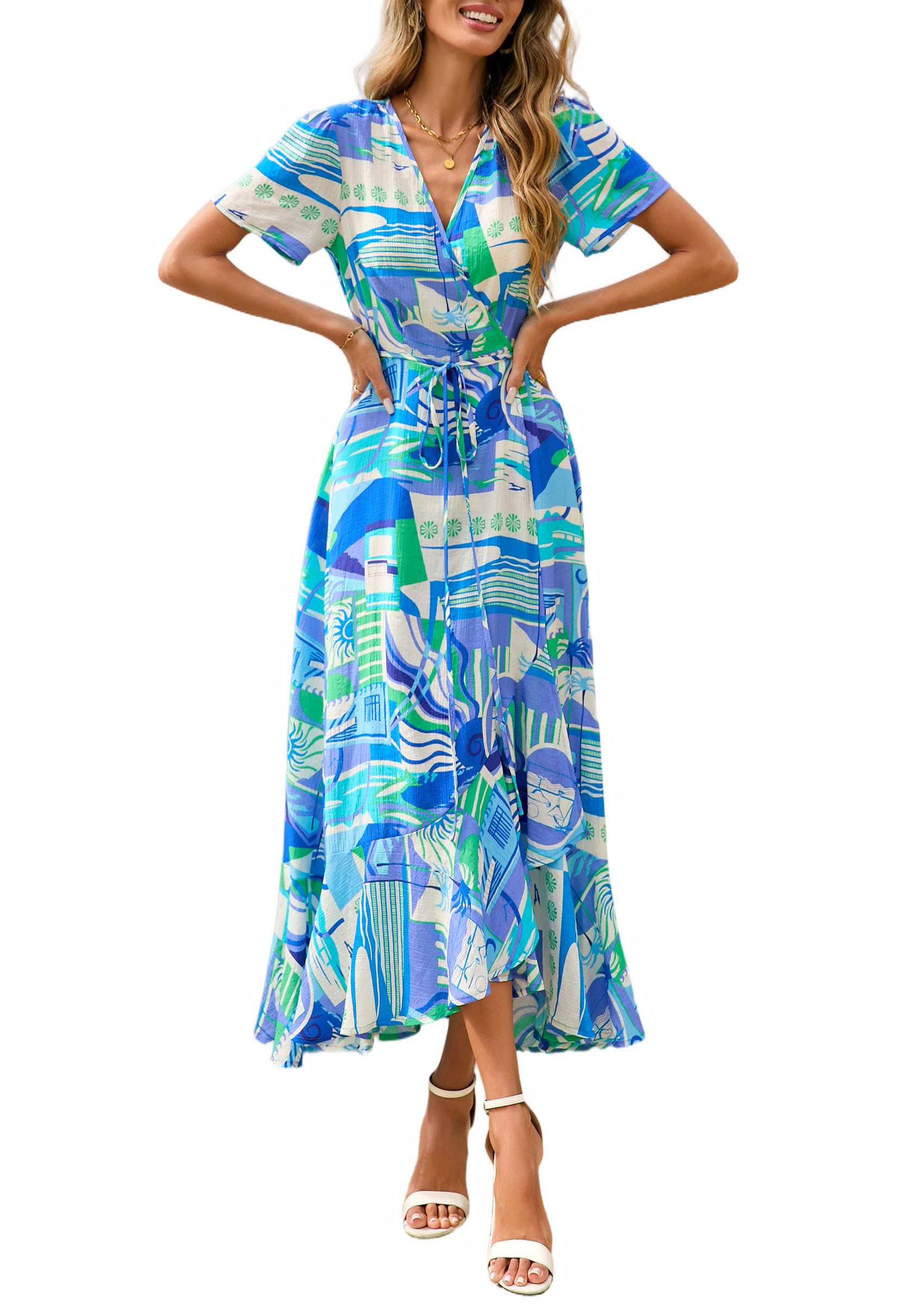 PRETTYGARDEN Women's Boho Floral Maxi Dress Summer Short Sleeve Wrap V Neck Long Flowy Beach Vacation Wedding Guest Dresses