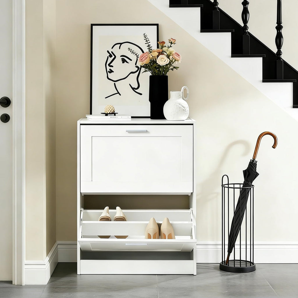 Haotian Shoe Cabinet Storage for Entryway, Narrow Shoe Cabinet with Two Flip Drawers to Save Space, Shoe Rack Cabinet for Front Door Entrance Hallway (Black)