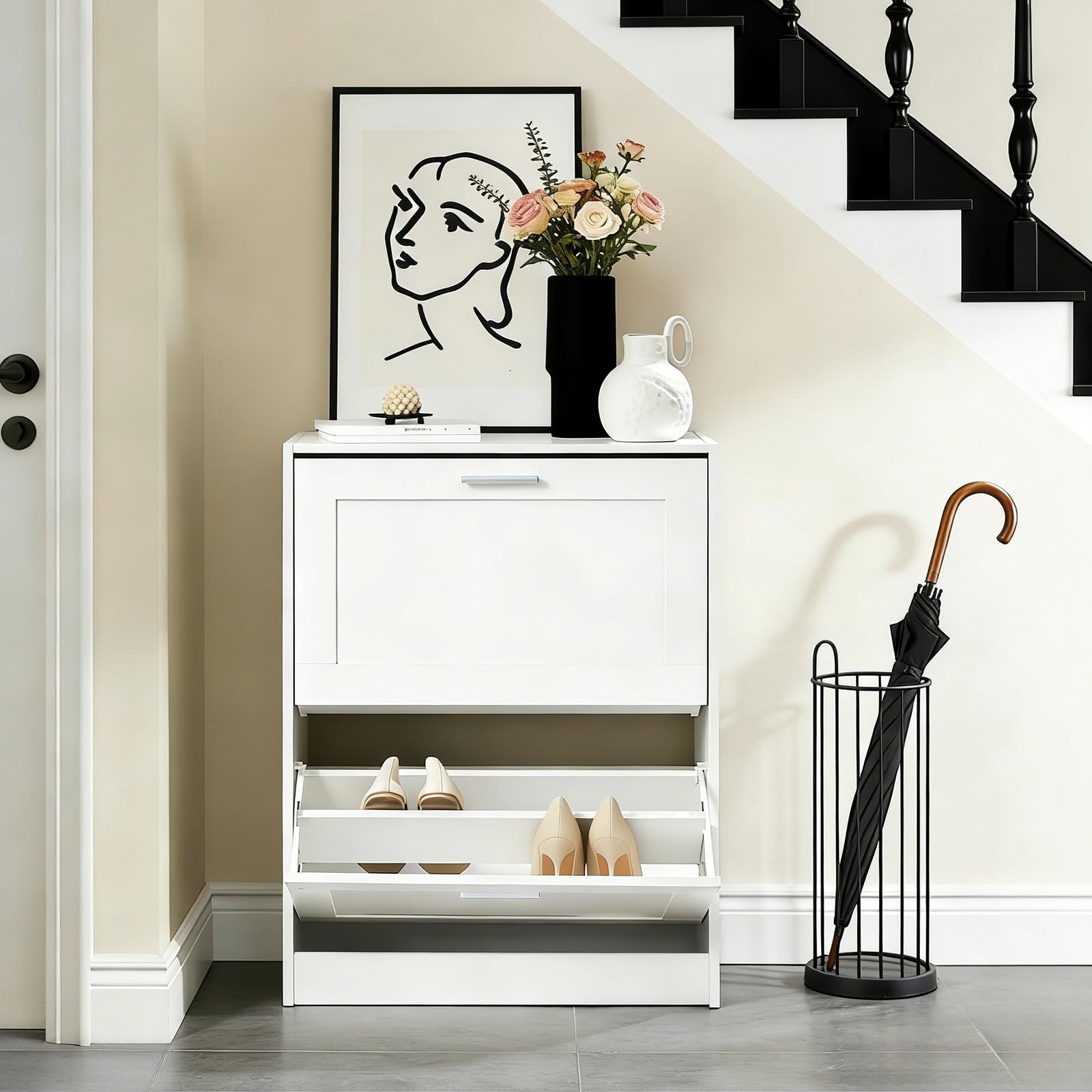 Haotian Shoe Cabinet Storage for Entryway, Narrow Shoe Cabinet with Two Flip Drawers to Save Space, Shoe Rack Cabinet for Front Door Entrance Hallway (Black)