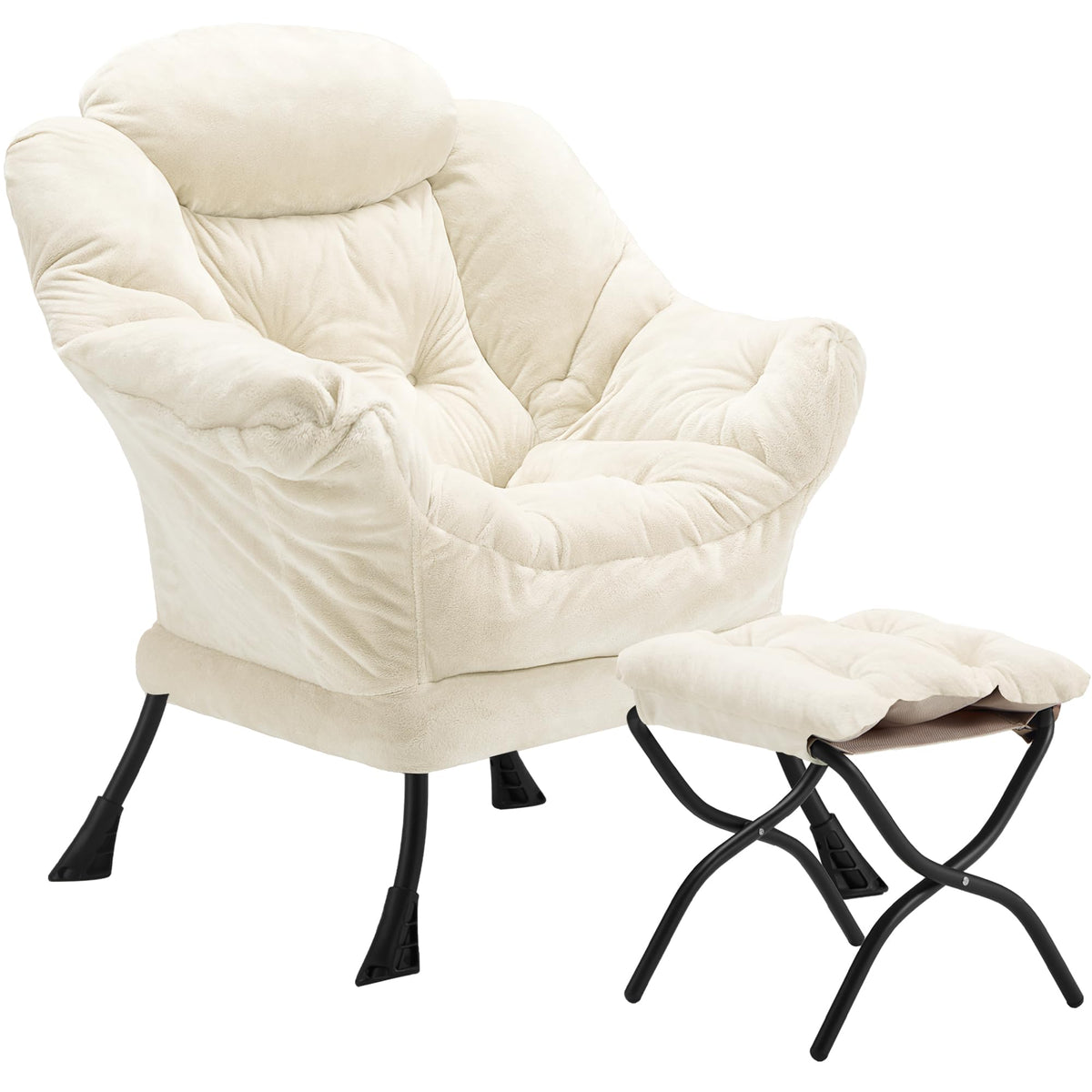 Youtanic Lazy Chair with Folding Ottoman, Accent Chair Velvet Upholstered with Metal Structure and Non-Slip Pads, Sofa Armchair with Footrest and Side Storage Bag for Dorm, Room, Office, Beige