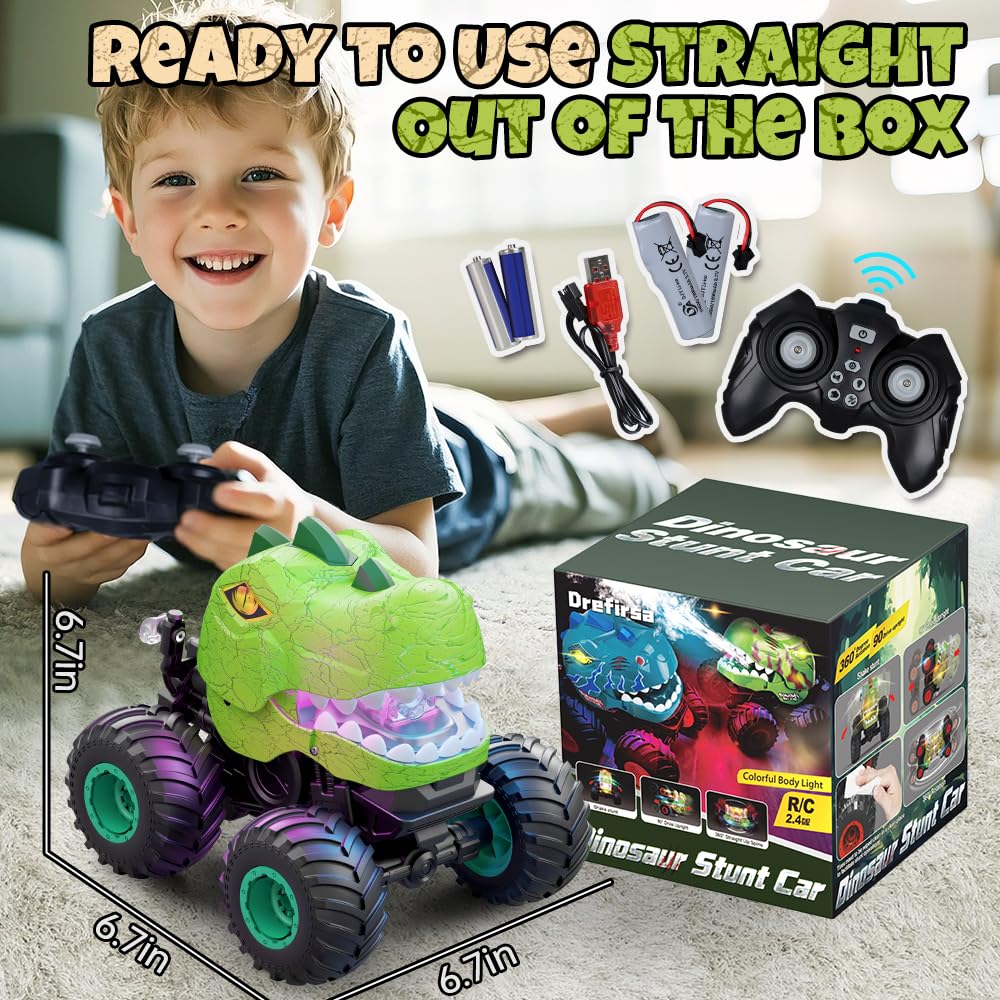 Drefirsa Dinosaur Remote Control Car for Kids Ages 3-5 6-12, Remote Control Monster Truck with Spray, Light, 360° Rolling&90° Driving, All Terrain Dinosaur Toy for Boys Birthday Gift