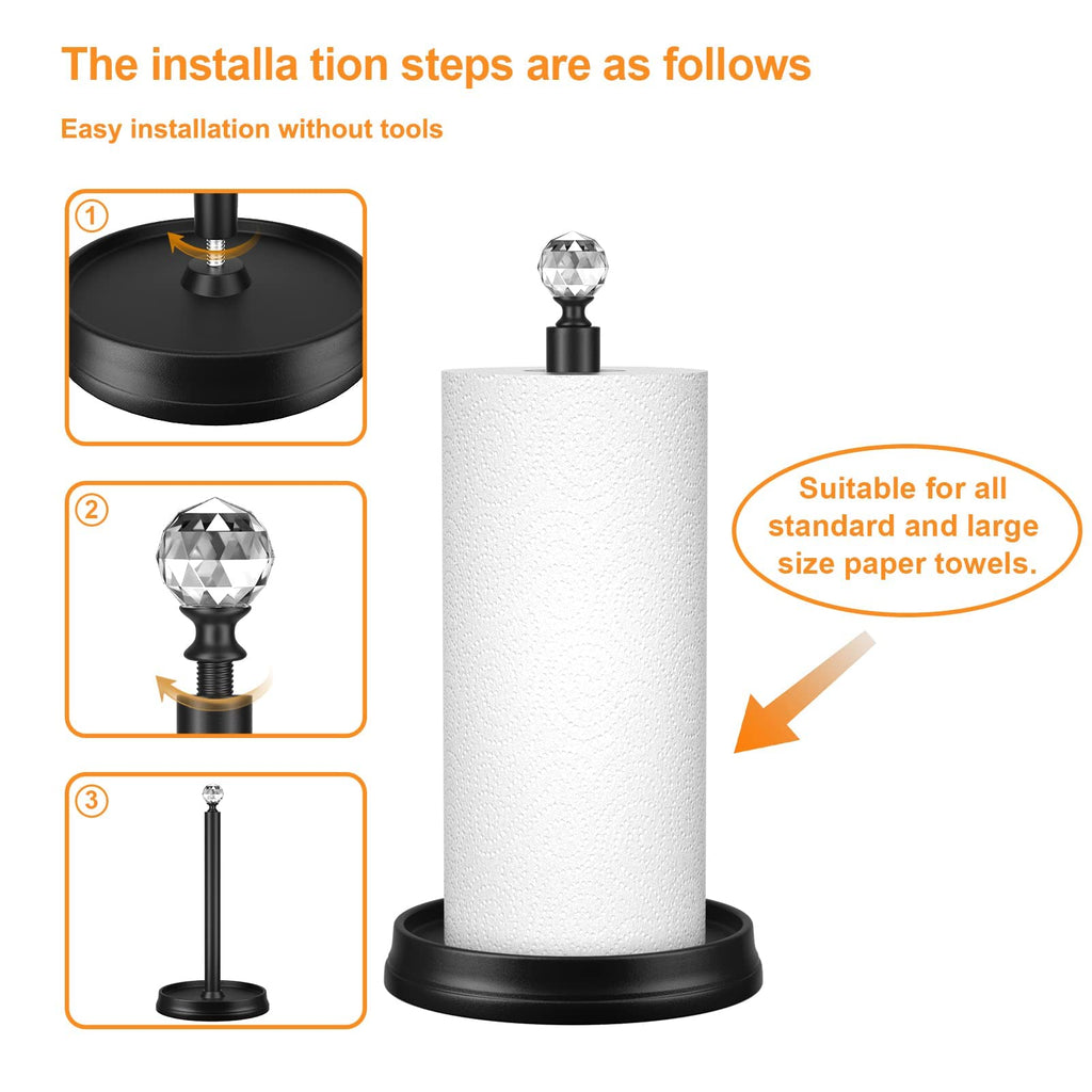 KASUNTO Paper Towel Holder with Crystal Ball - Steel Countertop Stand, Fits Standard & Jumbo Rolls, Brushed Nickel