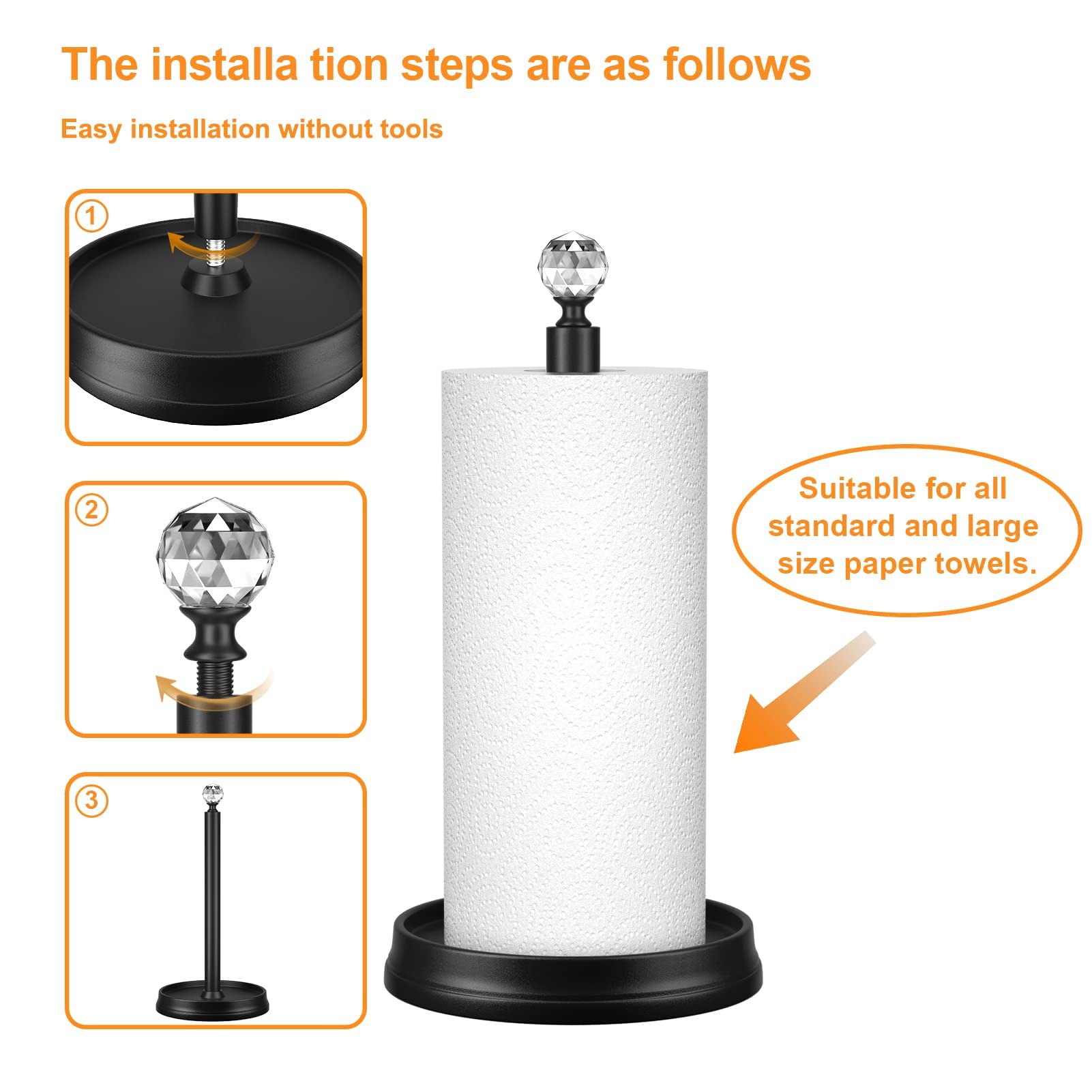 KASUNTO Paper Towel Holder with Crystal Ball - Steel Countertop Stand, Fits Standard & Jumbo Rolls, Brushed Nickel