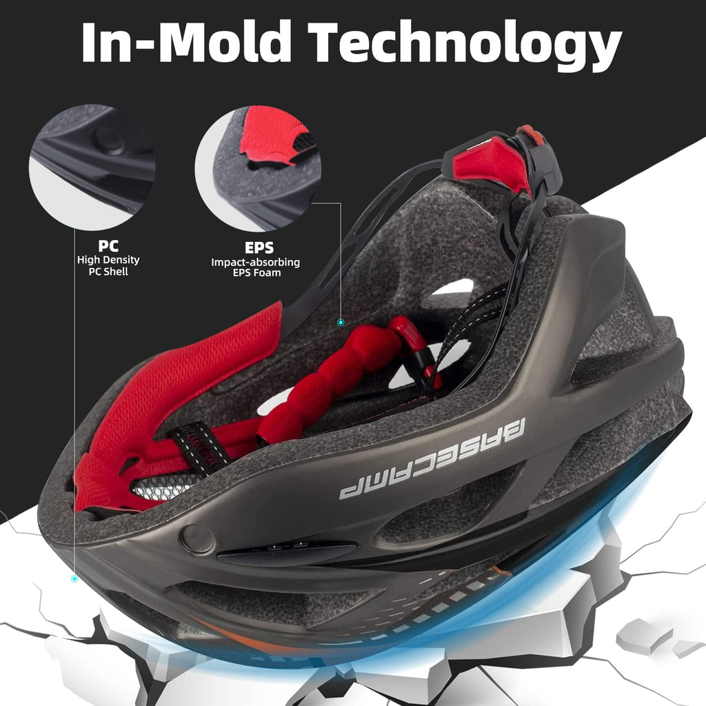 Bike Helmet, Basecamp Bicycle Helmet with Rear Light & Detachable Magnetic Goggles Lightweight Cycling Helmet Adjustable for Adult Men Women Mountain & Road (BC-069)