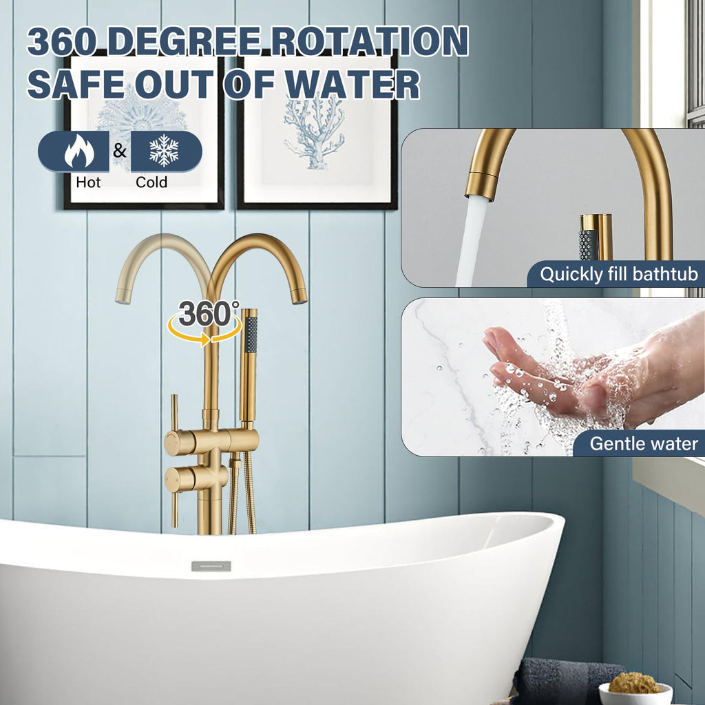 Brushed Gold Freestanding Bathtub Faucet with Hand Shower Tub Filler Faucet Floor Mounted High Flow Single Handle Bath Filler Solid Brass