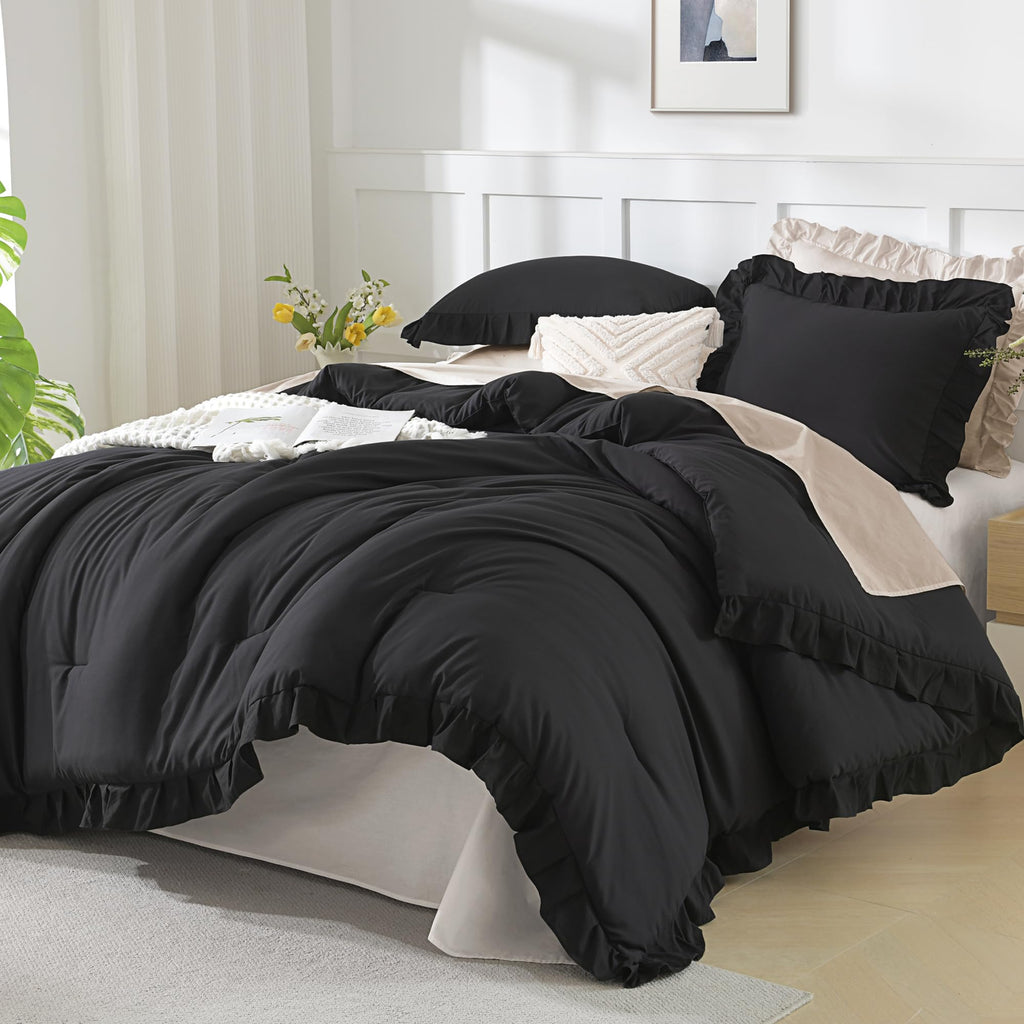 Andency Beige Twin Size Ruffle Comforter, 2 Pieces Farmhouse Shabby Classic Bed Set for Kids, Lighteweight Soft Polyester Bedding Set for Girls(1 Ruffle Comforter and 1 Pillowcase)