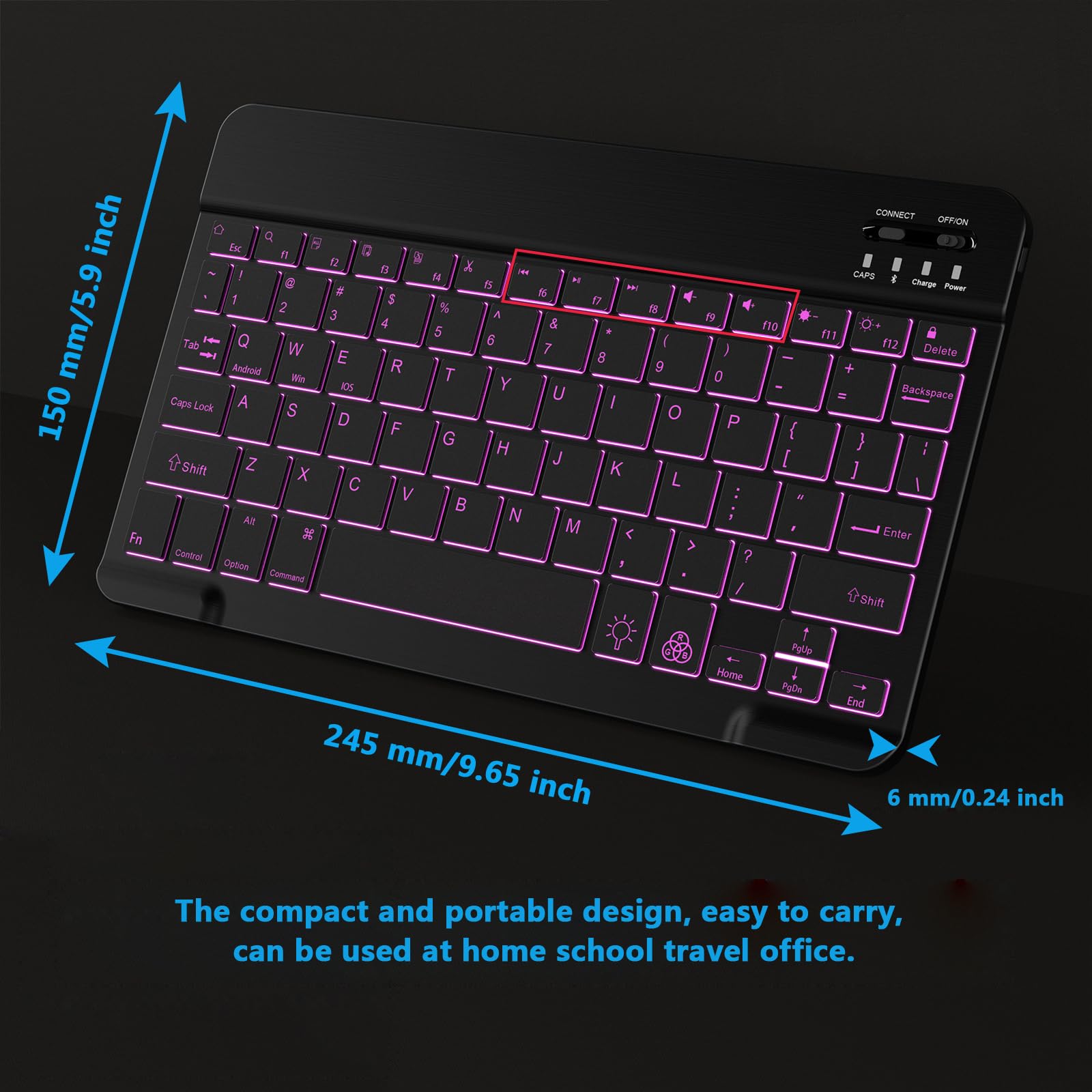 Backlit Bluetooth Keyboard Small Portable Wireless Keyboard Rechargeable Illuminated for Android Samsung Tablet Cell Phone Smartphone iPad A16 11th 10th Generation iPad Pro Air Mini iPhone (Black)