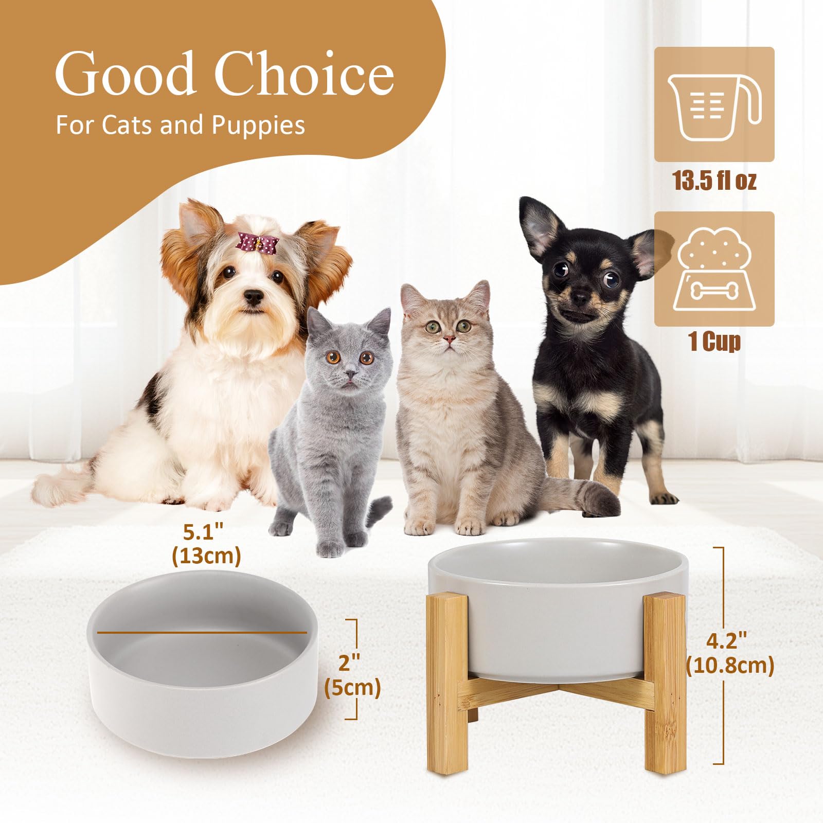 Raised Ceramic Cat Bowl - Cat Food Bowl with Bamboo Stand - Elevated Dog Food Dish for Puppies - Comfort Eating - 13.5 oz - 400 ml - Green