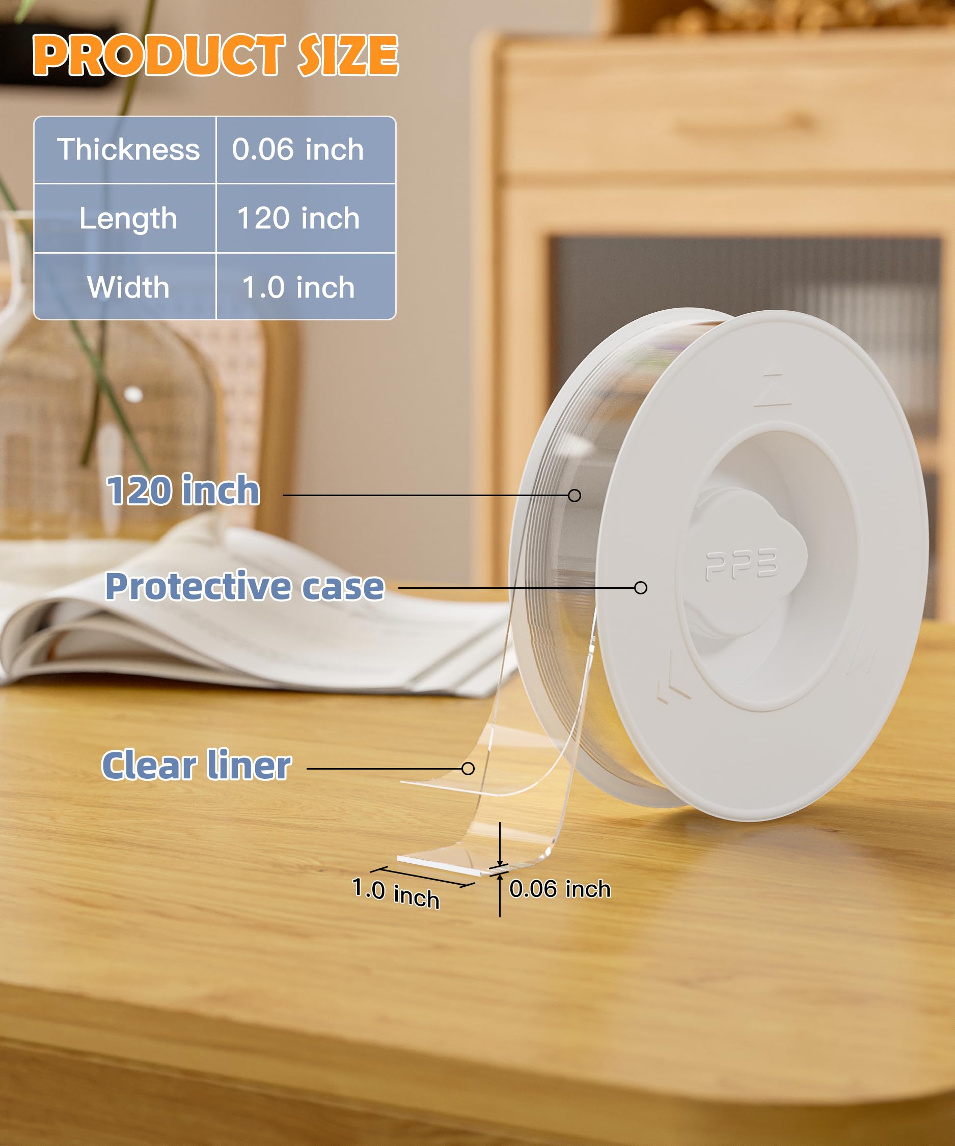 PPB Double Sided Tape for Heavy Duty Applications, Removable Mounting Tape, Nano Tape, Extra Large Clear Transparent Adhesive Strips for Poster Carpet Picture Hanging Strip Rug Wall Outdoor, 3-Pack