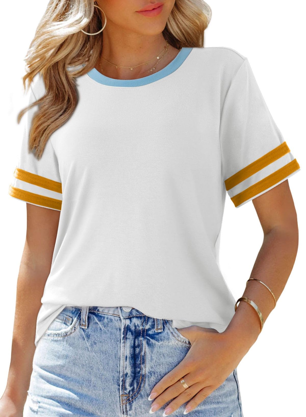 SHEWIN Women's Fashion Casual Crewneck Color Block T Shirts Short Sleeve Summer Tops Tees Slim Fit