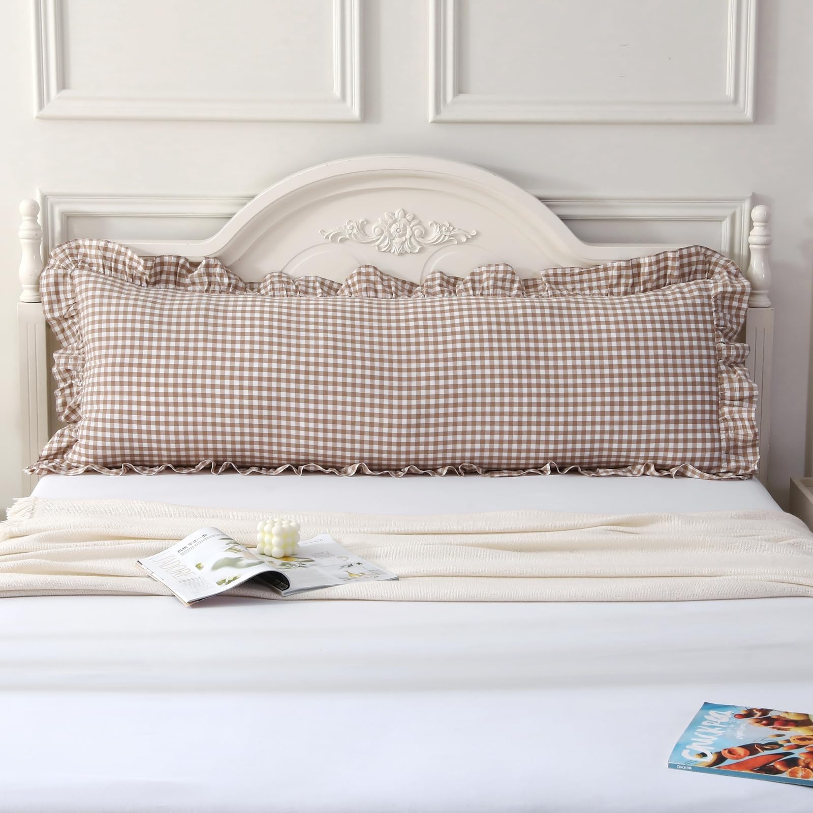 Silnuo Green/White Plaid Ruffled Queen Size Pillow Shams Set of 2,Washed Cotton Shabby Checkered Gingham Farmhouse Bed Pillow Covers 20"x30"