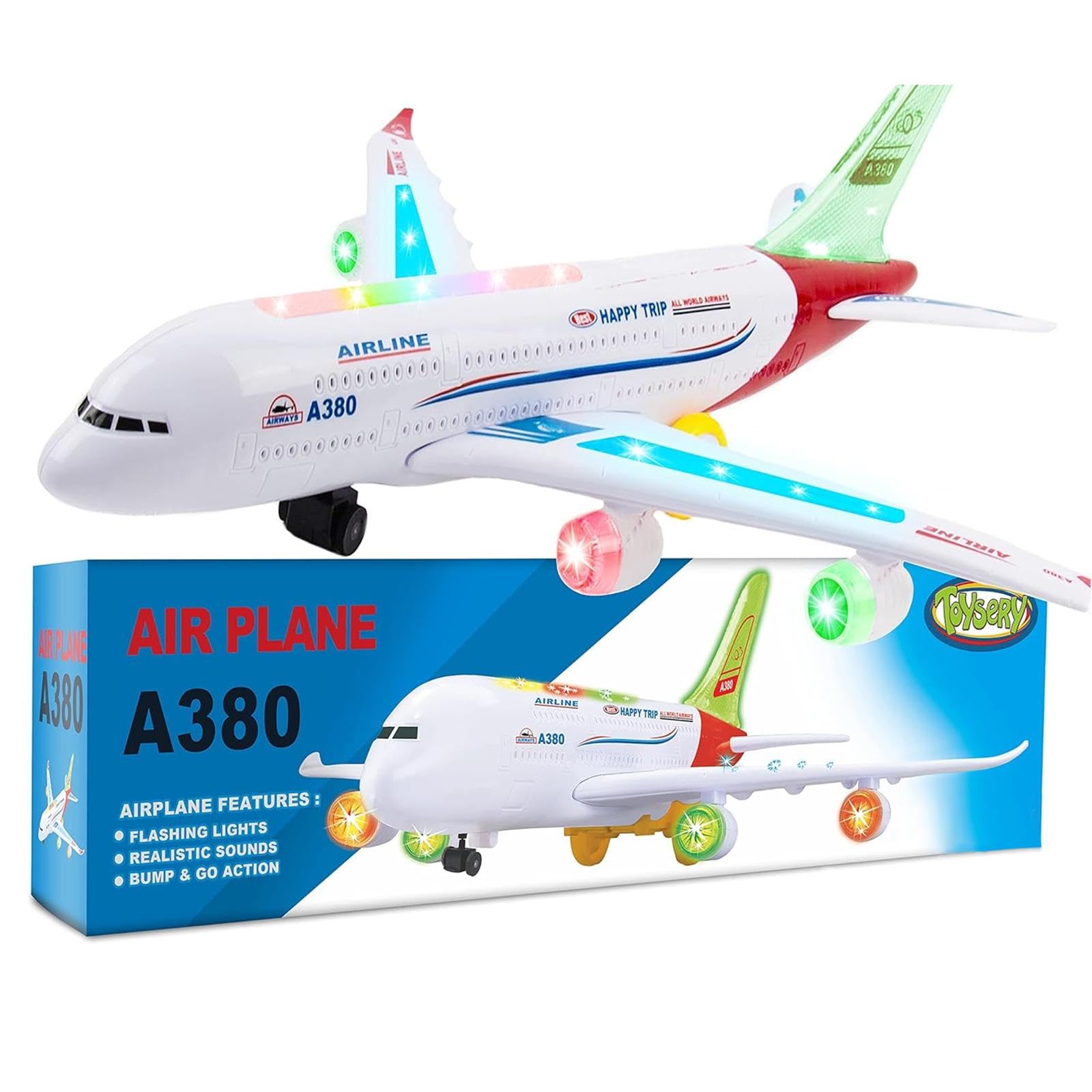 Toysery Airbus A380 Toy Airplane for Kids, Large Bump and Go Airplane Toy with LED Lights, Real Sounds & Propeller, Battery Powered Electric Plane Toy for Toddlers Boys & Girls Ages 3-12