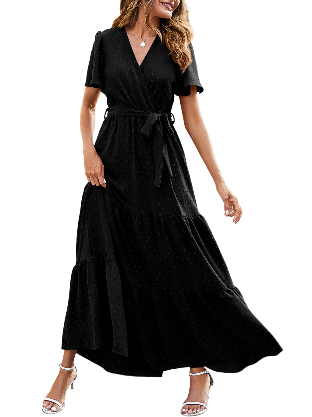 MASCOMODA Womens Summer Swiss Dot Maxi Dresses Wrap V Neck Flutter Short Sleeve Boho Casual Flowy Long Wedding Guest Dress