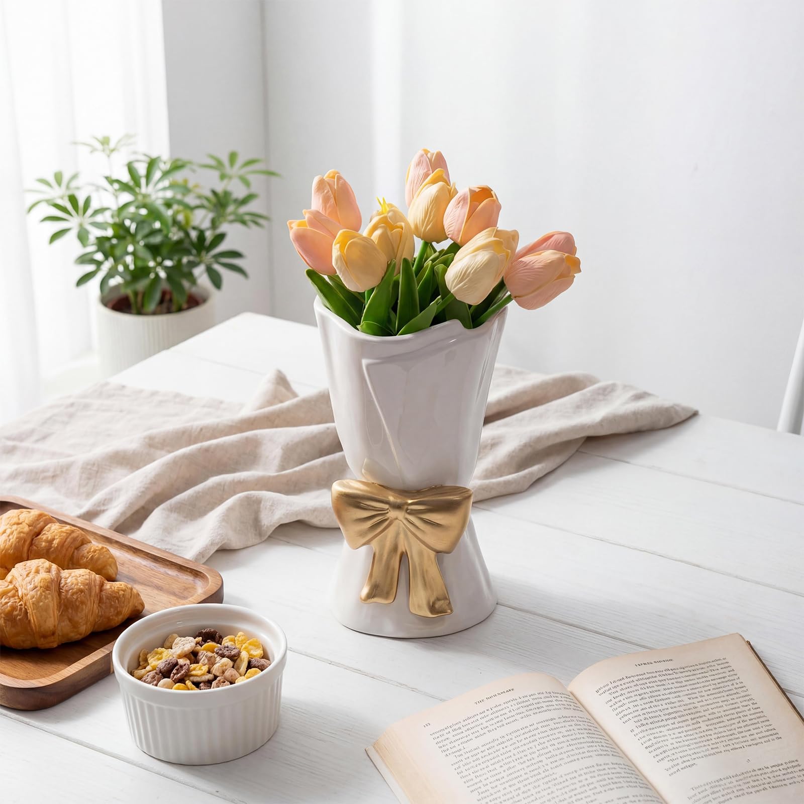 Relexome Beige Ceramic Bow Vase 9.64 in Unique Cute Modern Decorative Bouquet Flower Vases for Home Living Room Table Decor Women Girl Gifts