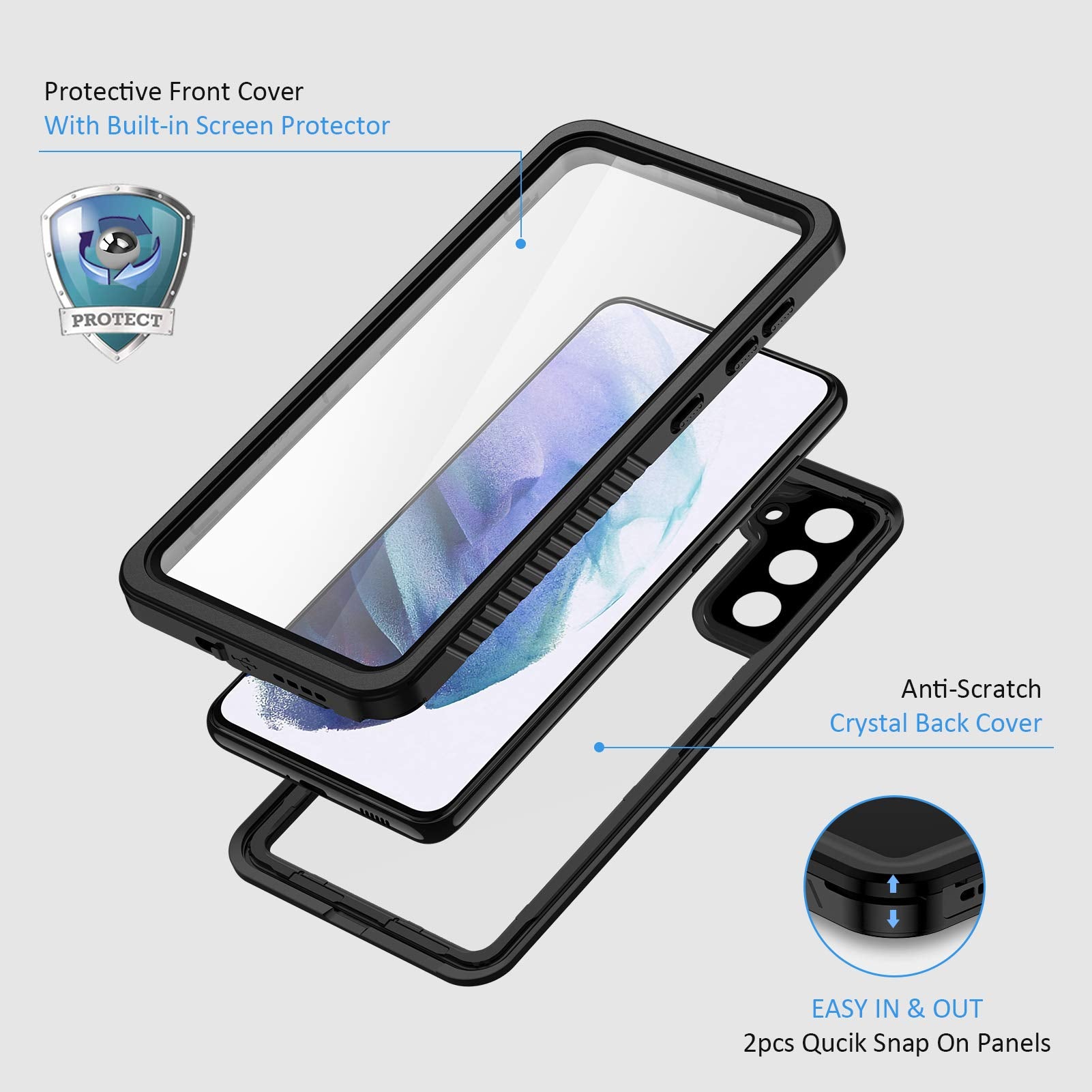 Lanhiem for Samsung Galaxy S21 Case, IP68 Waterproof Dustproof Case with Built-in Screen Protector, Rugged Full Body Shockproof Protective Phone Cover for Galaxy S21 5G 6.2 Inch, Black