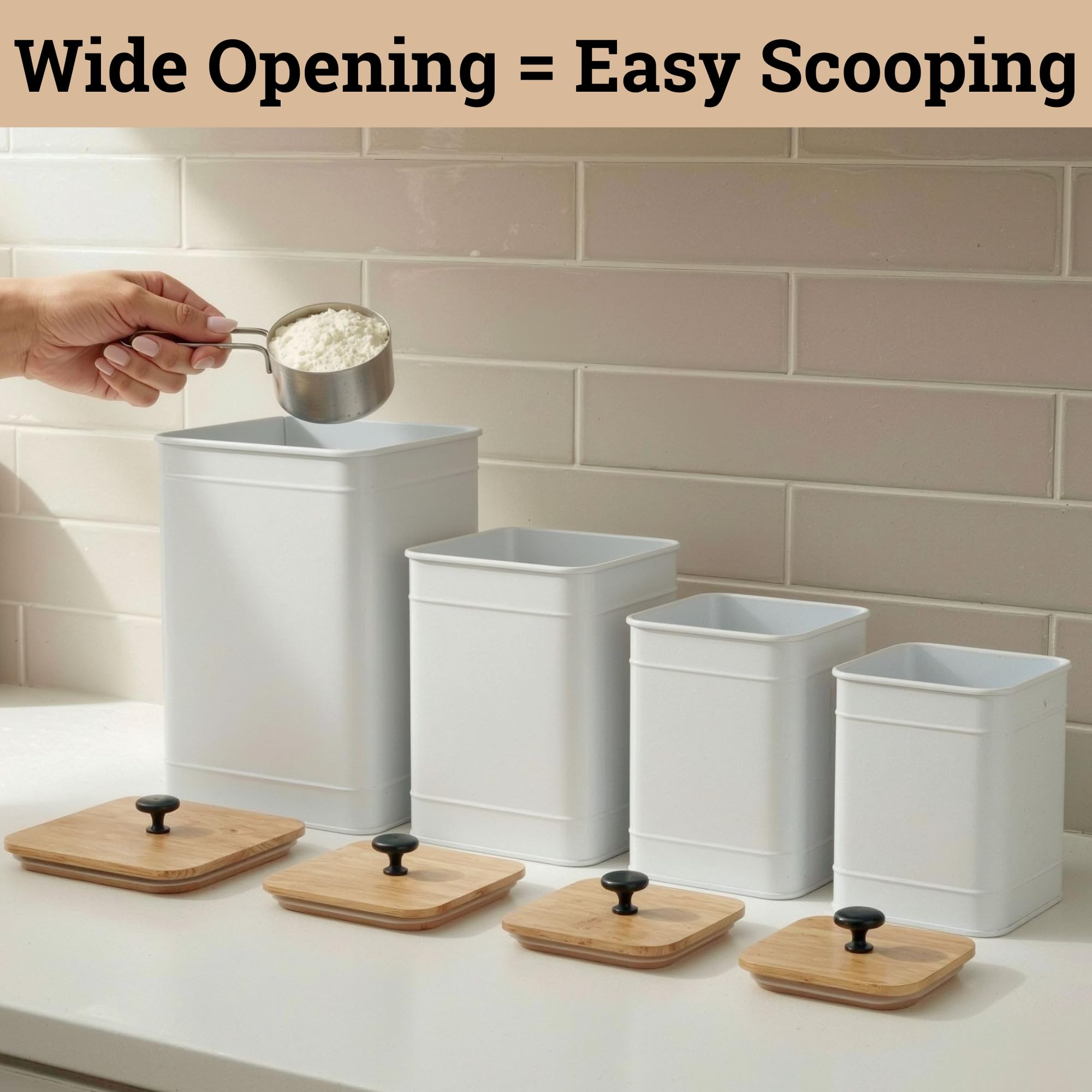 Kitchen Canisters for Countertop Set of 4 w/ Chalkboard Labels & Marker Pen | Airtight Easy Open Bamboo Lids, Dent-Resistant Thick Metal, Customizable Chalkboard Labels, Marker Pen Included, Set of 4
